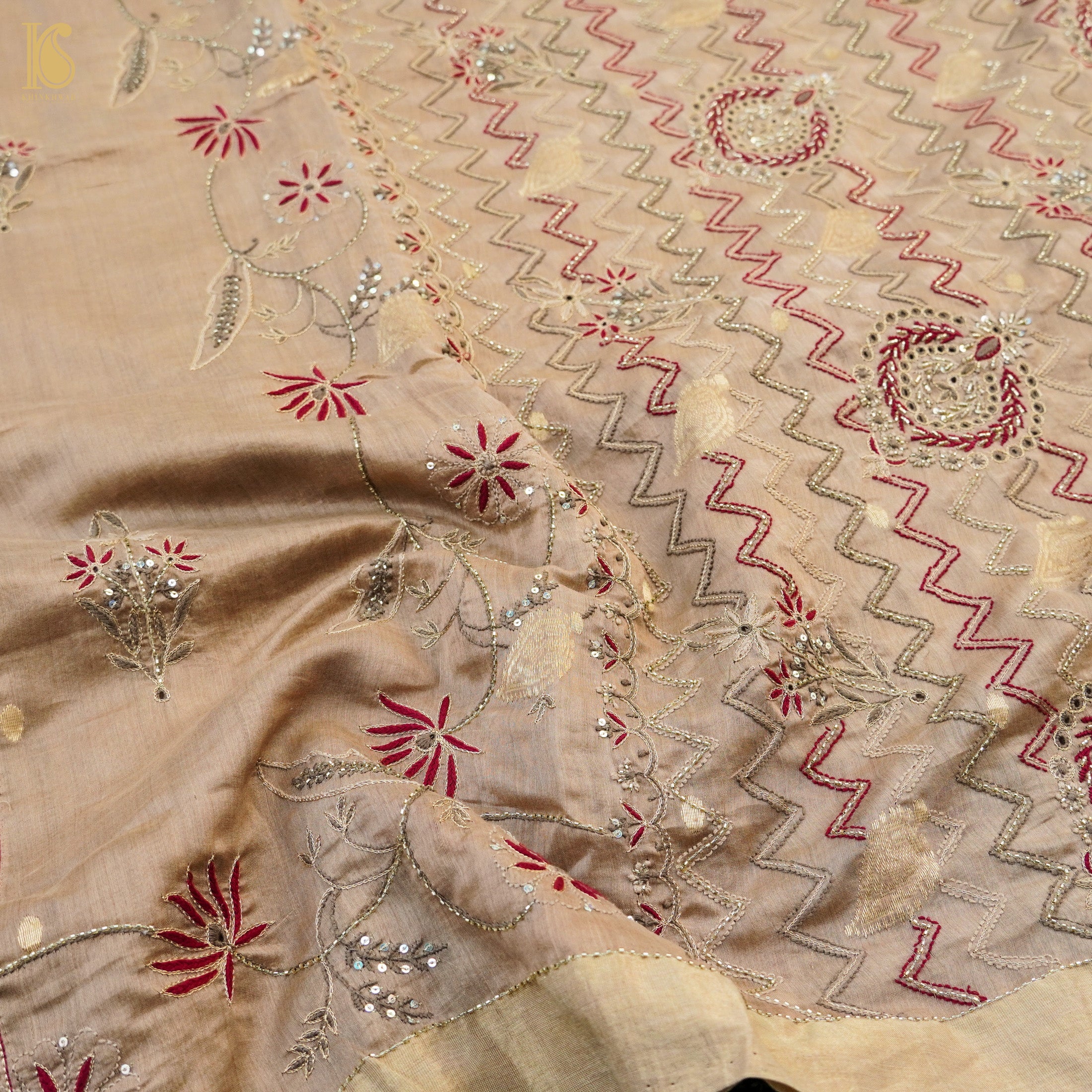 Calico Brown Pure Chanderi Silk Chikankari Saree - Khinkhwab