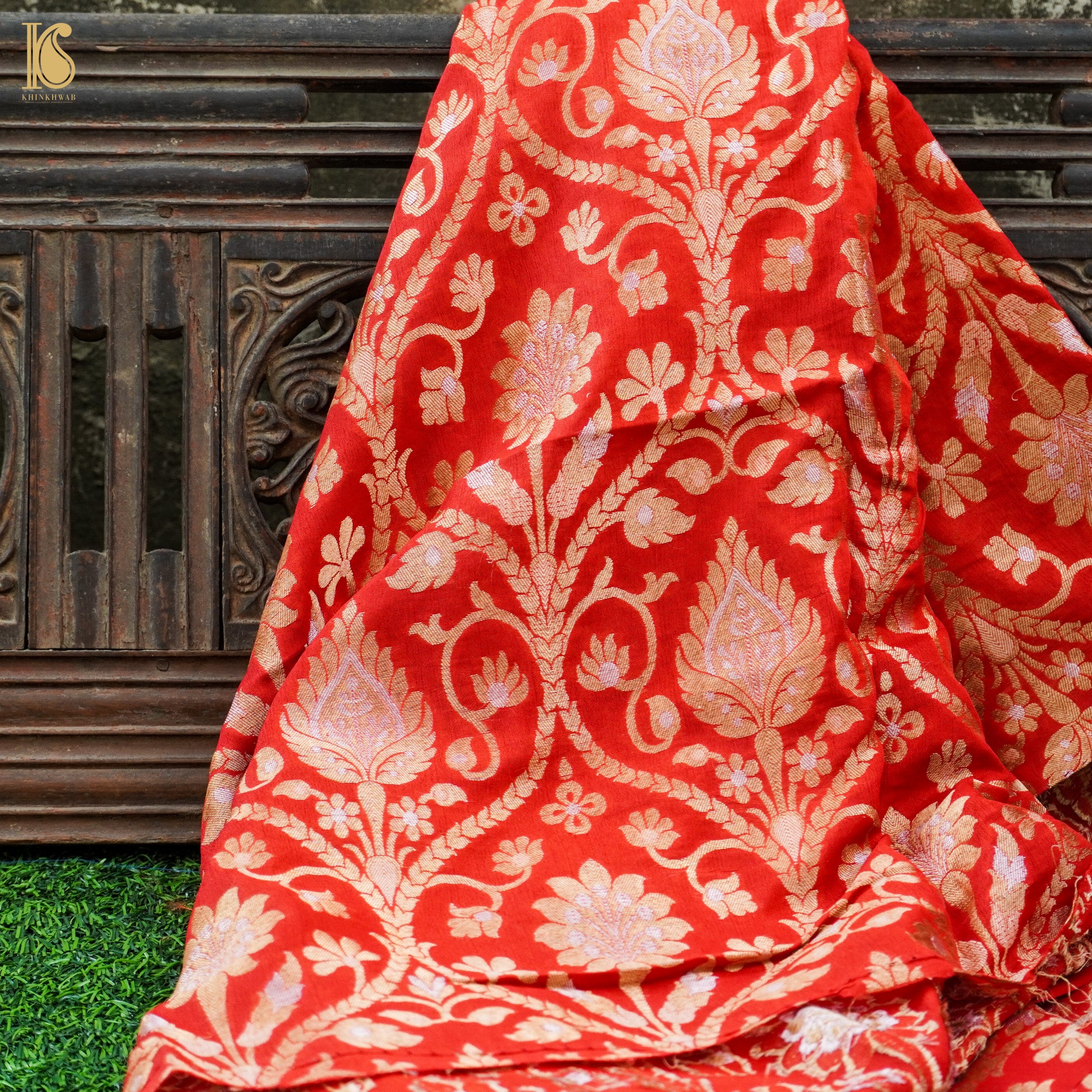 Buy Scarlet Red Banarasi Khaddi Weaved Georgette Saree with Unstitched  Blouse online
