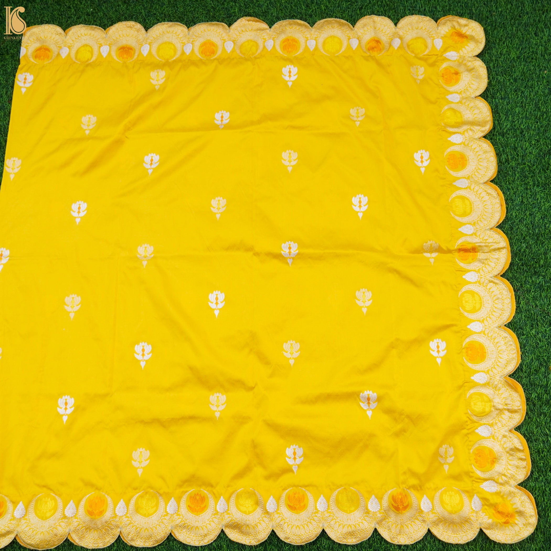 Turbo Yellow Pure Katan Silk Handwoven Banarasi Scalloped Dupatta - Khinkhwab