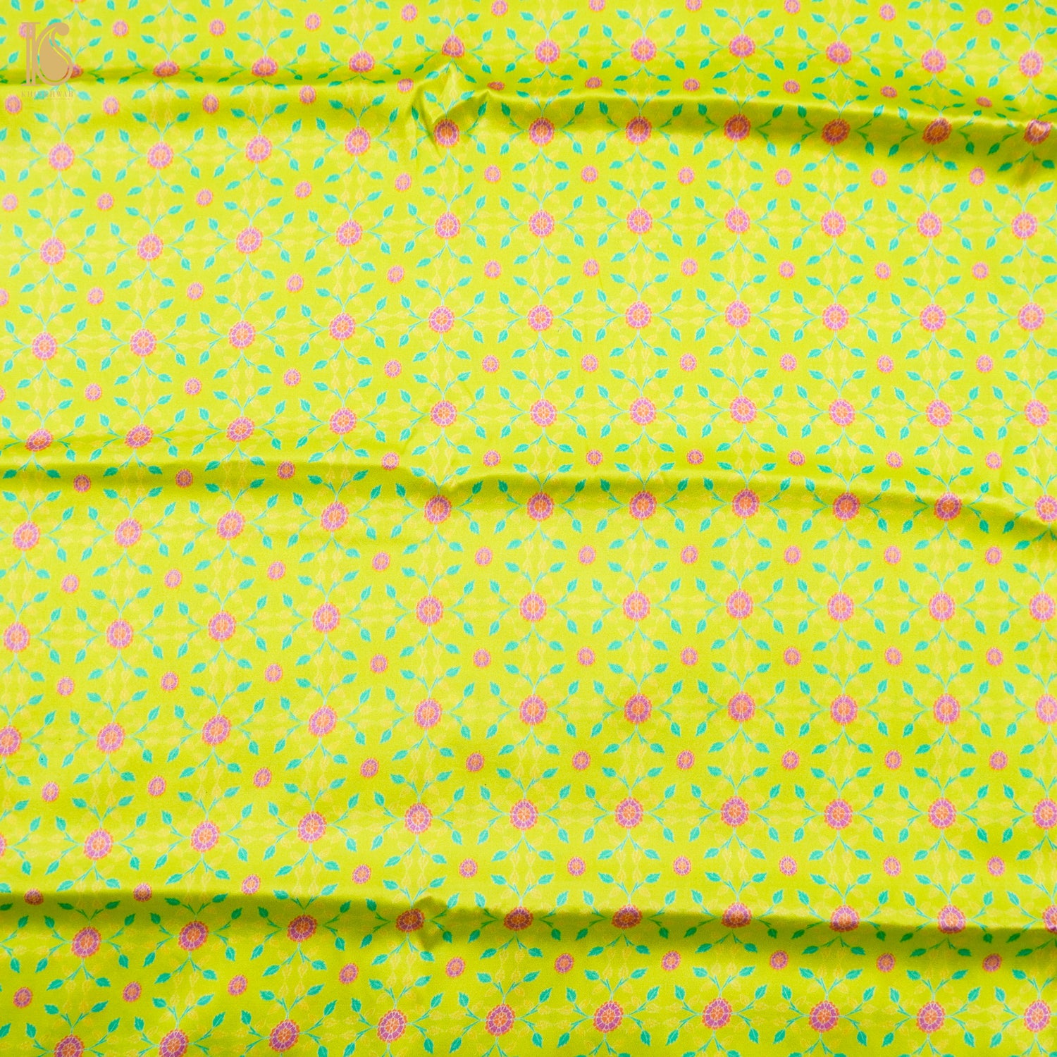 KARANFİL - Bird Flower Green Pure Sateen Silk Print Fabric - Khinkhwab