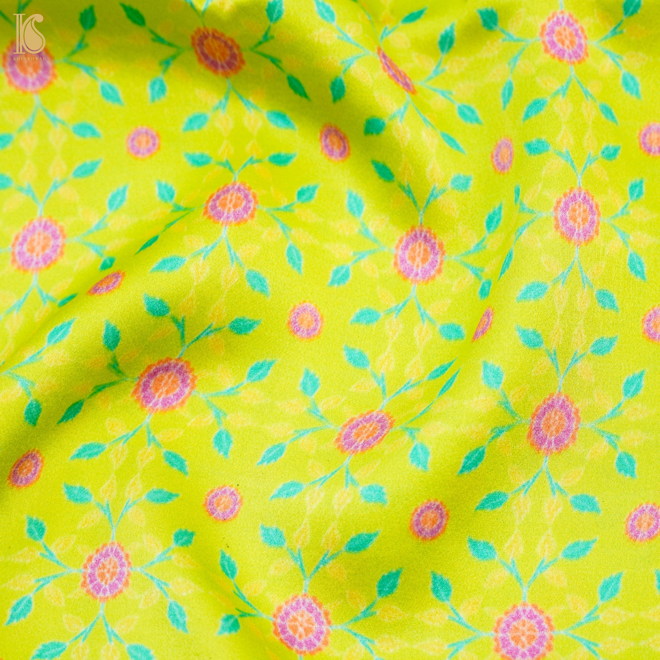 KARANFİL - Bird Flower Green Pure Sateen Silk Print Fabric - Khinkhwab