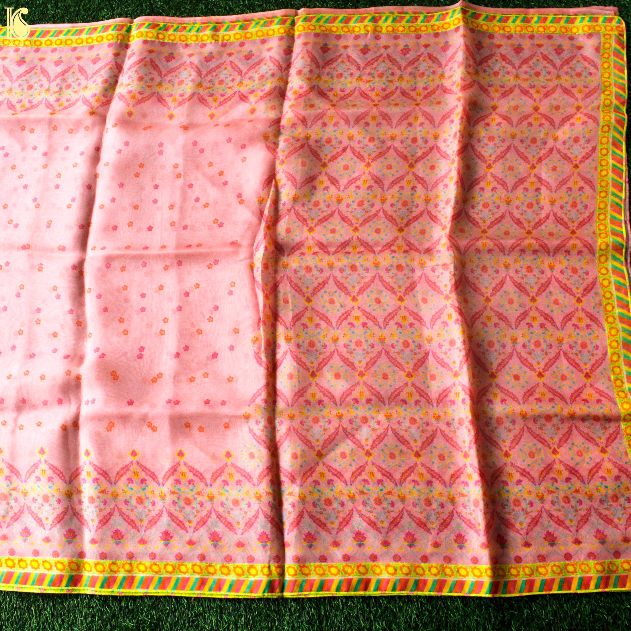 NERGİS - Carousel Pink Pure Organza Print Saree - Khinkhwab