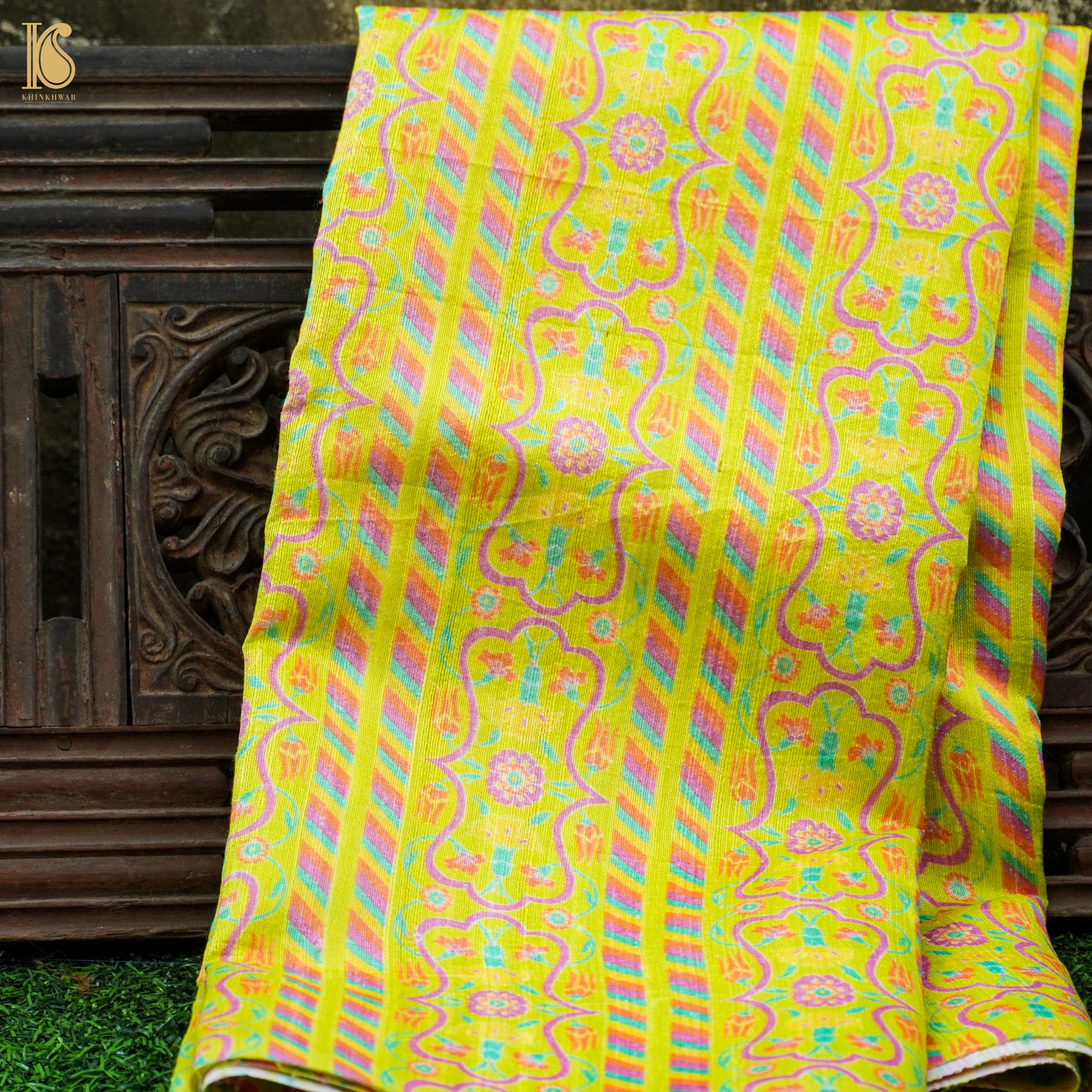 KARANFIL - Starship Green Pure Raw Silk Print Fabric - Khinkhwab
