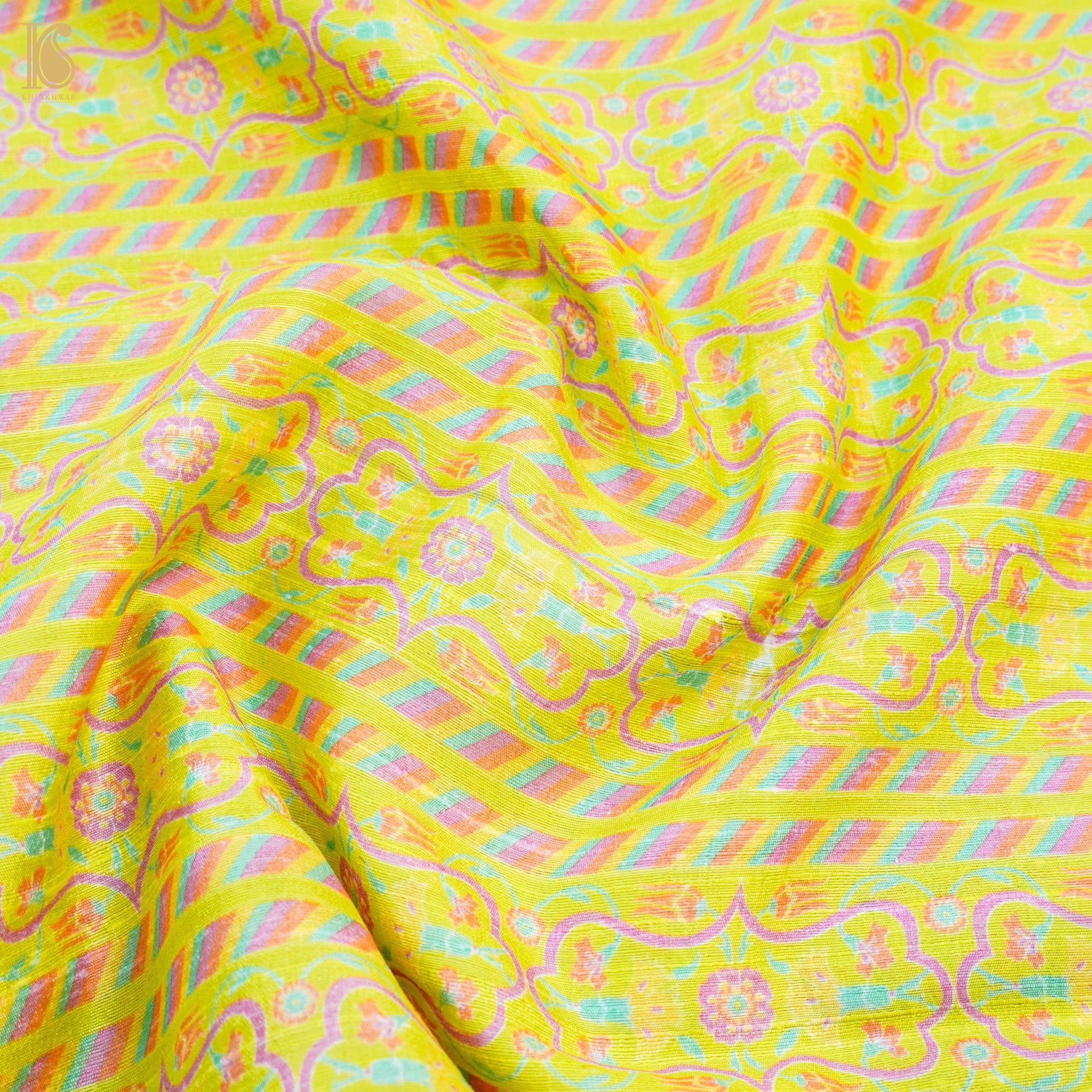 KARANFIL - Starship Green Pure Raw Silk Print Fabric - Khinkhwab