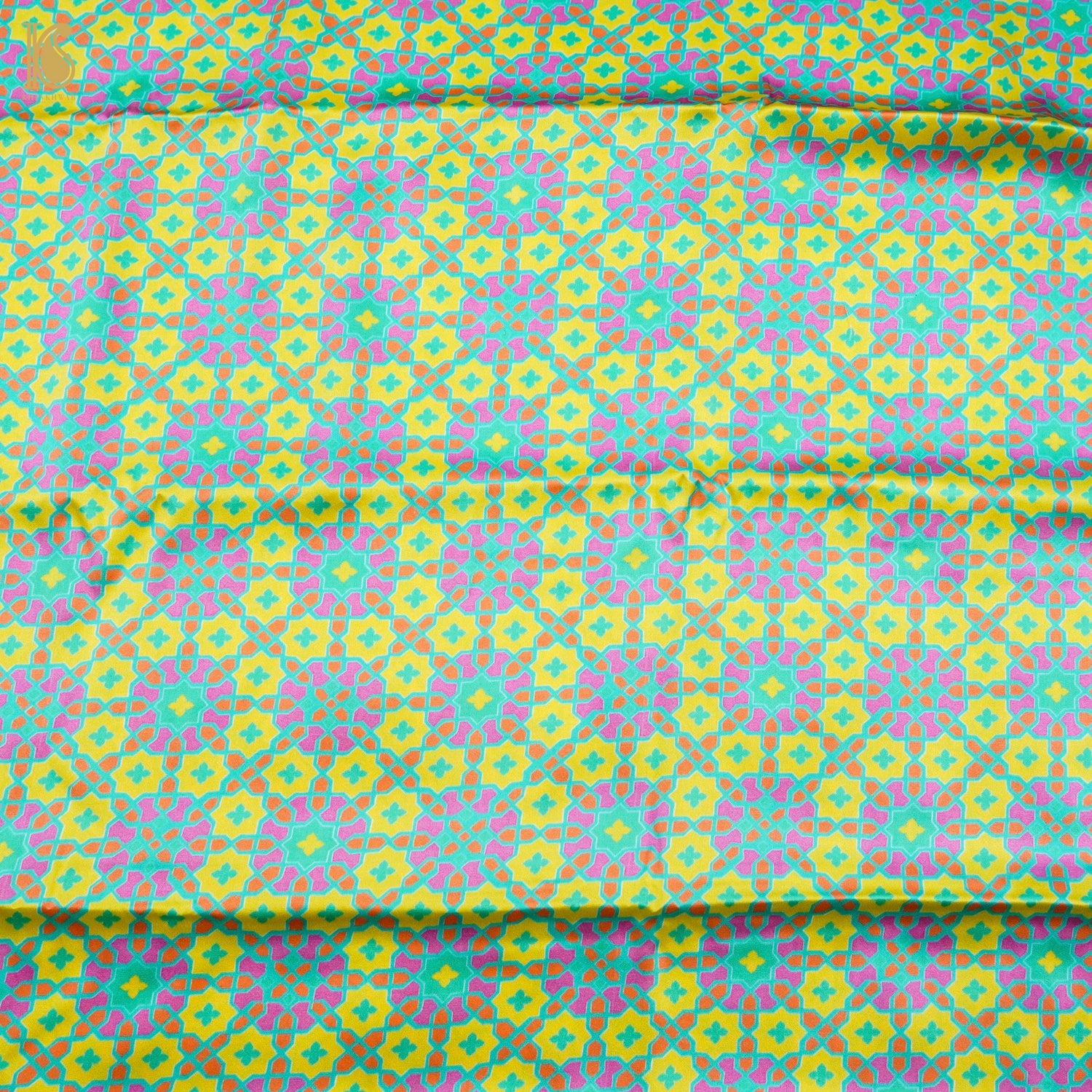 NİLÜFER - Blue & Yellow Pure Sateen Silk Print Fabric - Khinkhwab