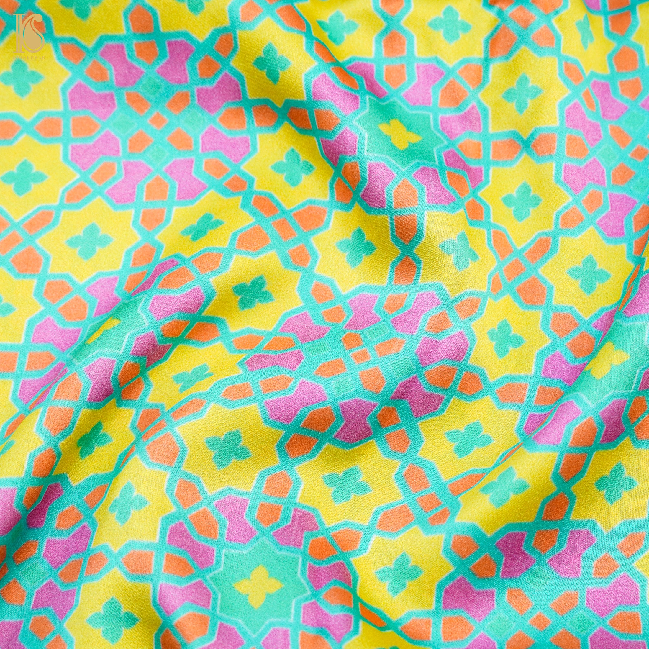 NİLÜFER - Blue & Yellow Pure Sateen Silk Print Fabric - Khinkhwab