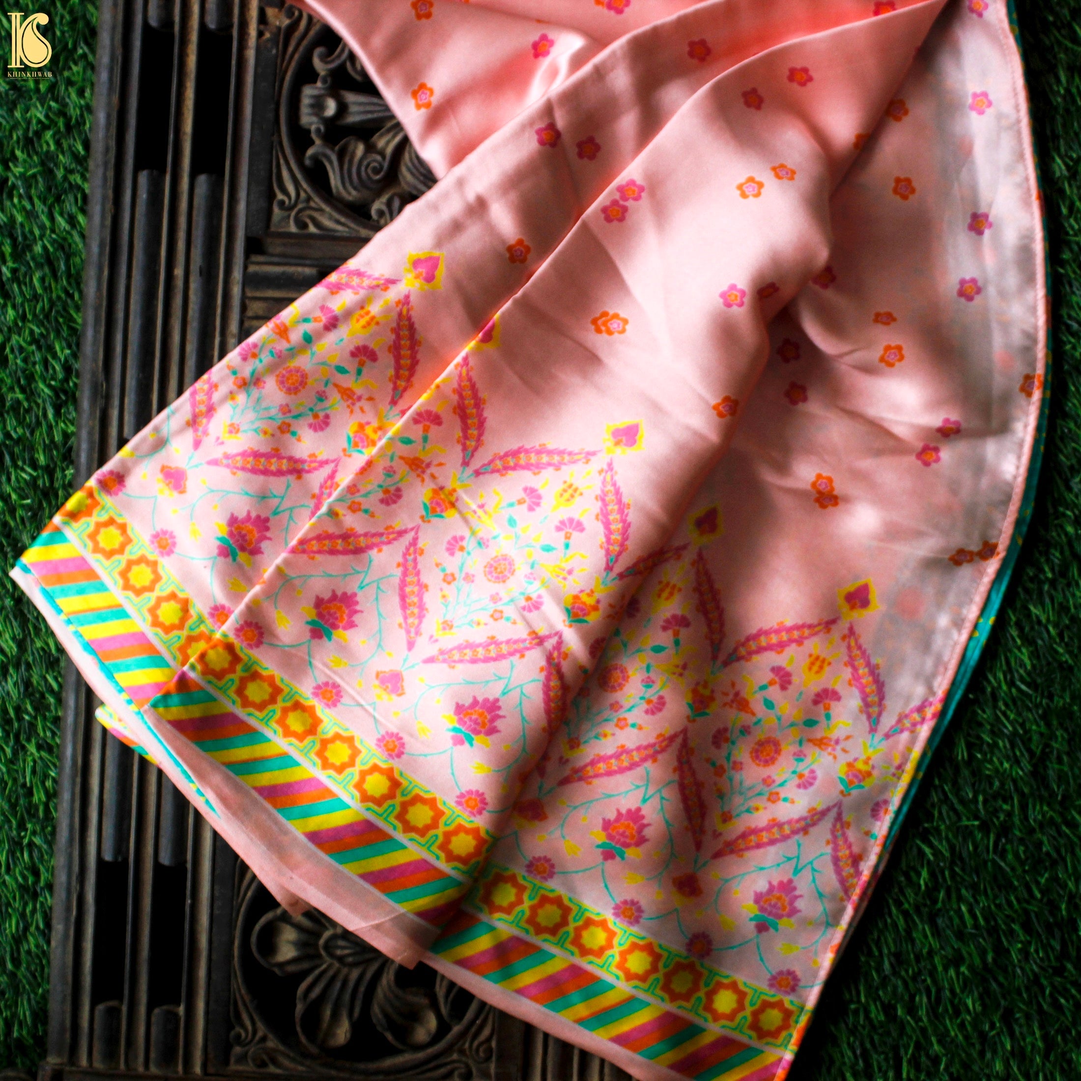 NERGİS -Azalea Pink Pure Sateen Silk Print Saree - Khinkhwab