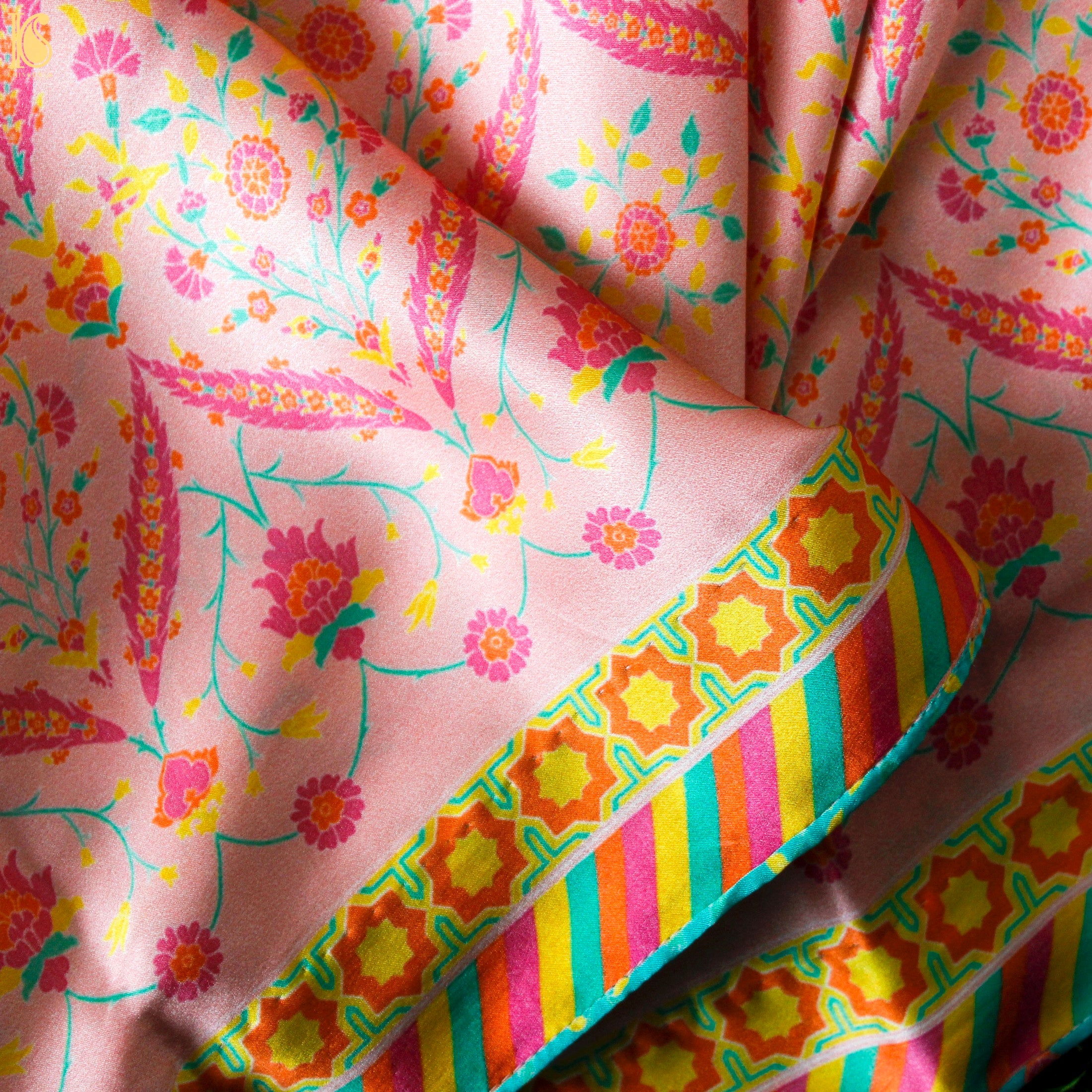 NERGİS -Azalea Pink Pure Sateen Silk Print Saree - Khinkhwab