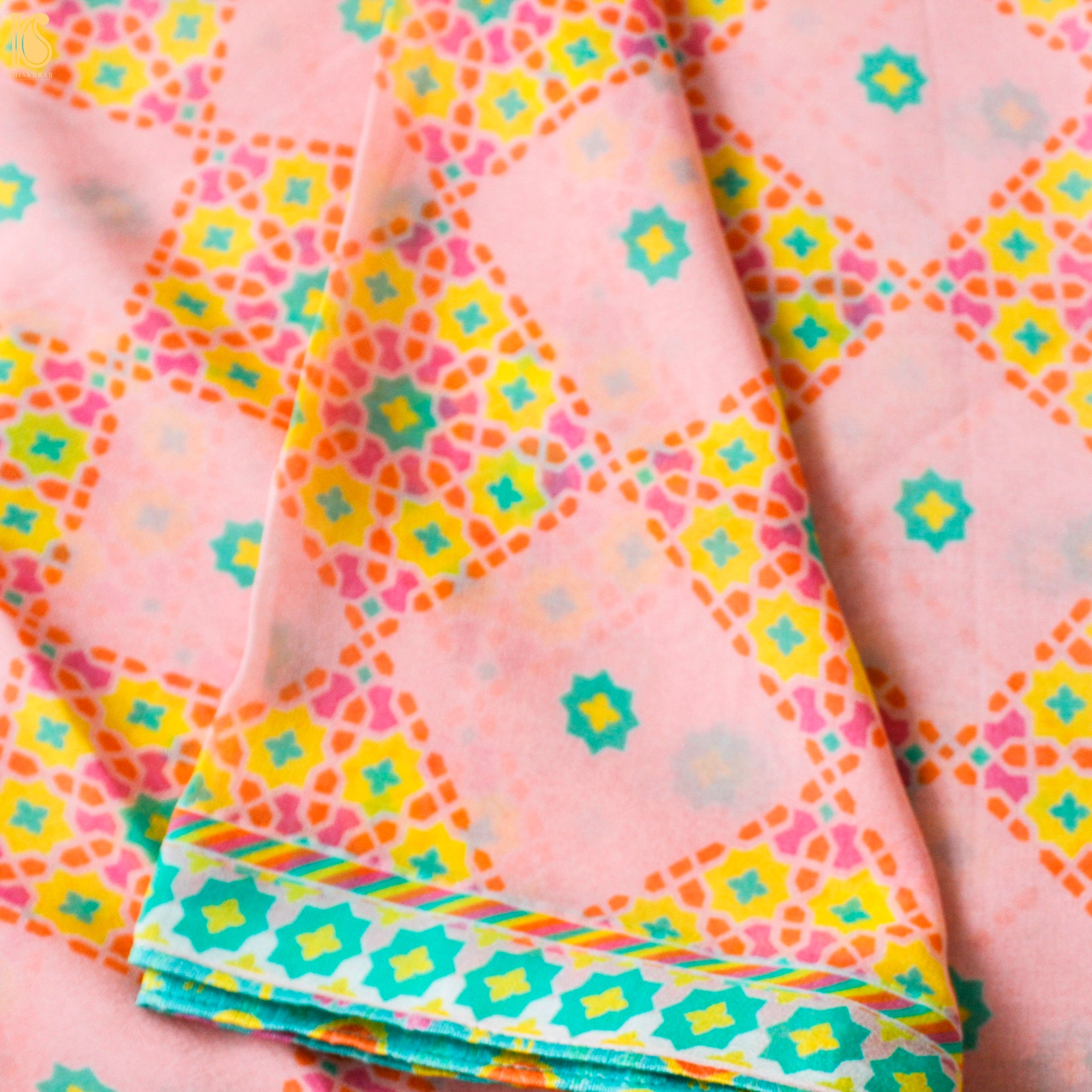 NİLÜFER - Pink Pure Georgette Silk Print Saree - Khinkhwab