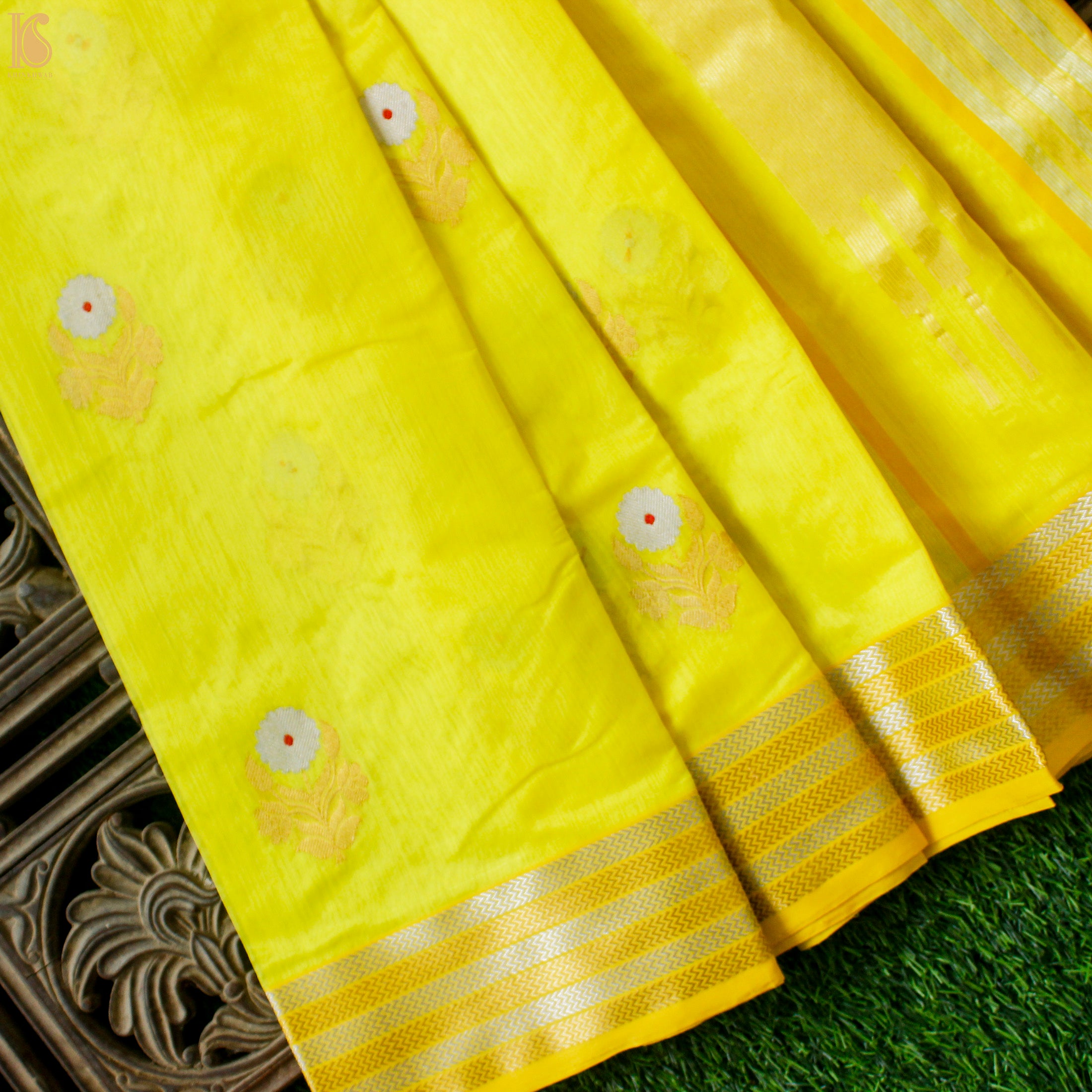 Golden Fizz Yellow Pure Handwoven Chanderi Eknaliya Meena Saree - Khinkhwab