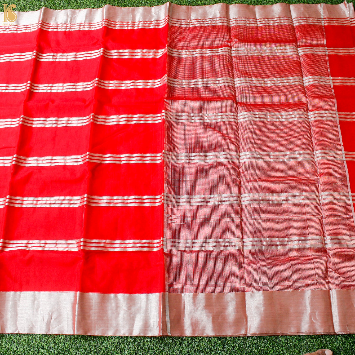 Red Pure Silk Handwoven Chanderi Stripes Saree - Khinkhwab