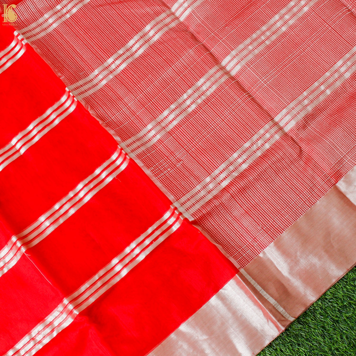 Red Pure Silk Handwoven Chanderi Stripes Saree - Khinkhwab