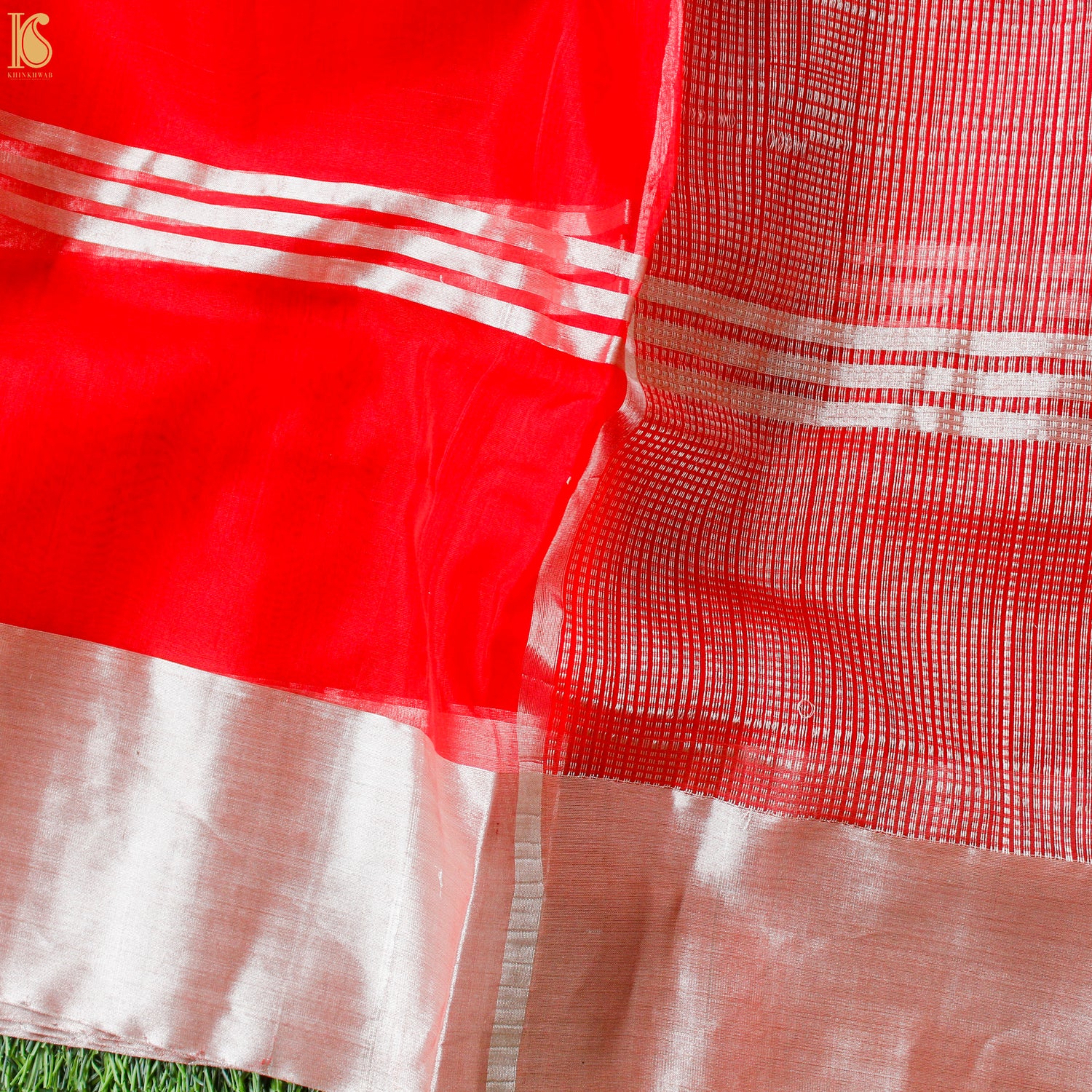 Red Pure Silk Handwoven Chanderi Stripes Saree - Khinkhwab