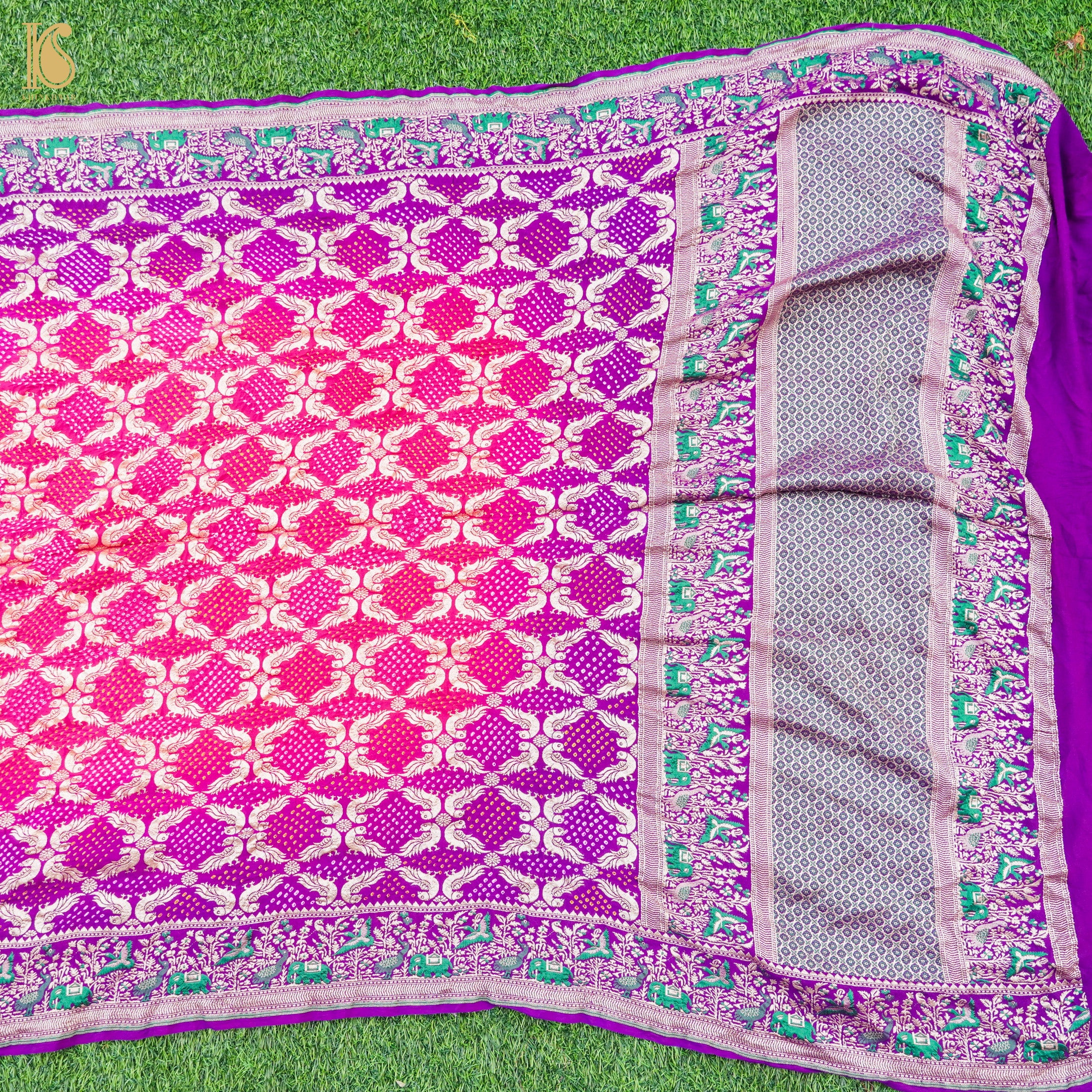 Purple & Pink Georgette Handloom Bandhani Banarasi Peacock Dupatta - Khinkhwab