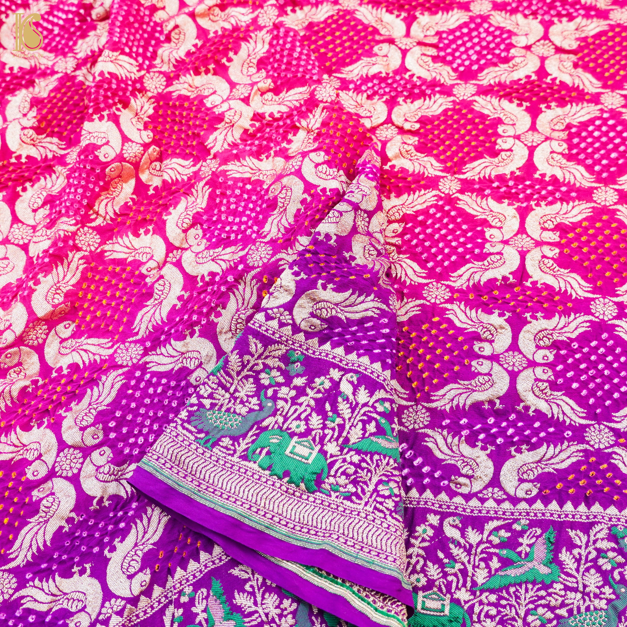Purple & Pink Georgette Handloom Bandhani Banarasi Peacock Dupatta - Khinkhwab