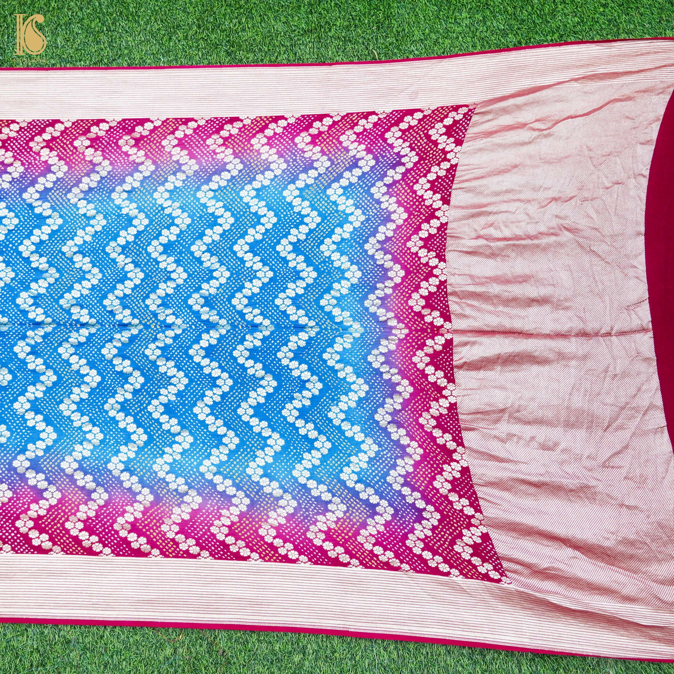 Blue & Red Pure Georgette Handloom Banarasi Bandhani Saree - Khinkhwab