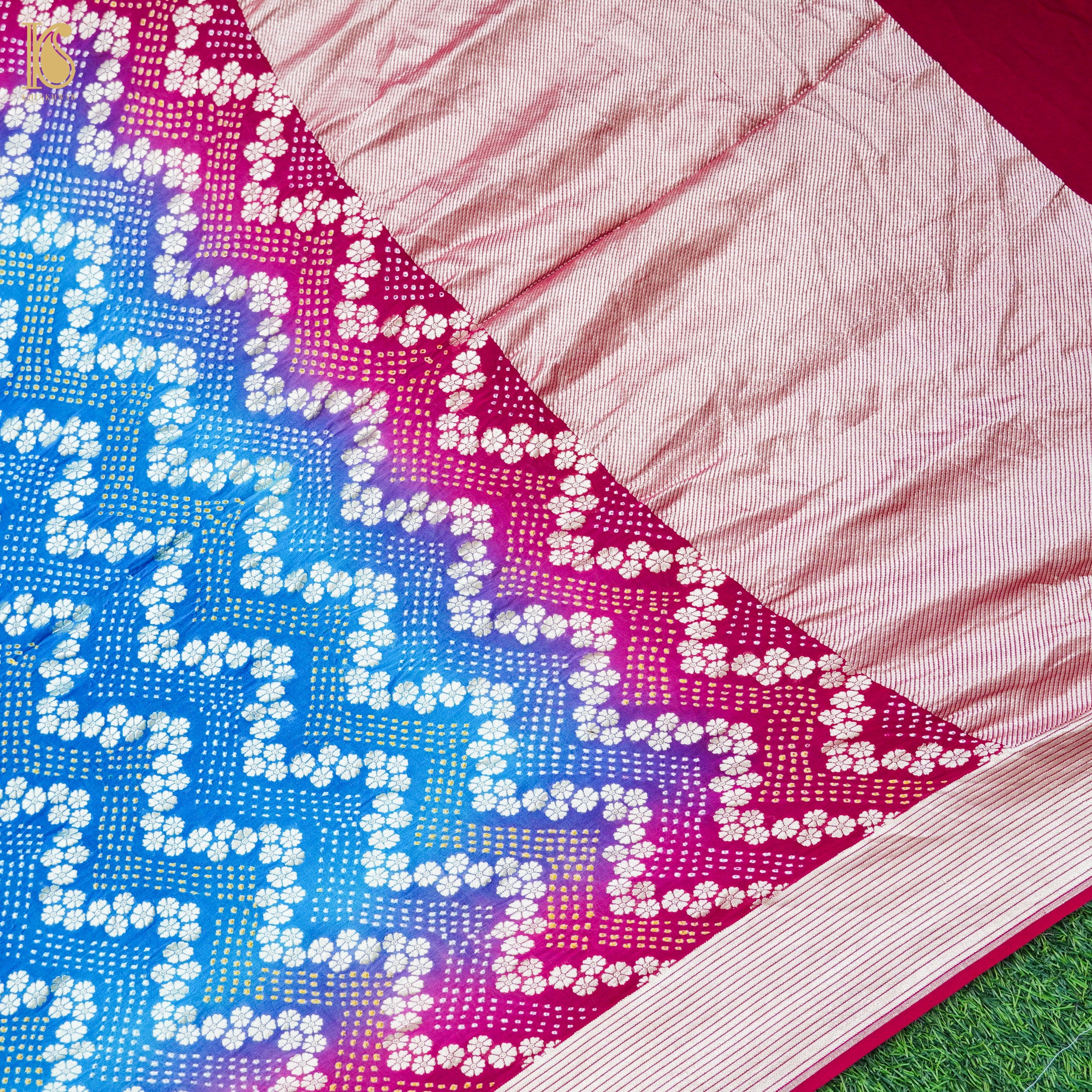 Blue & Red Pure Georgette Handloom Banarasi Bandhani Saree - Khinkhwab