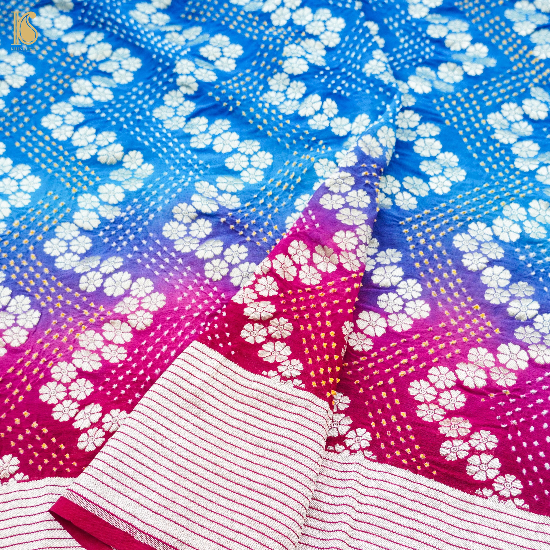 Blue & Red Pure Georgette Handloom Banarasi Bandhani Saree - Khinkhwab