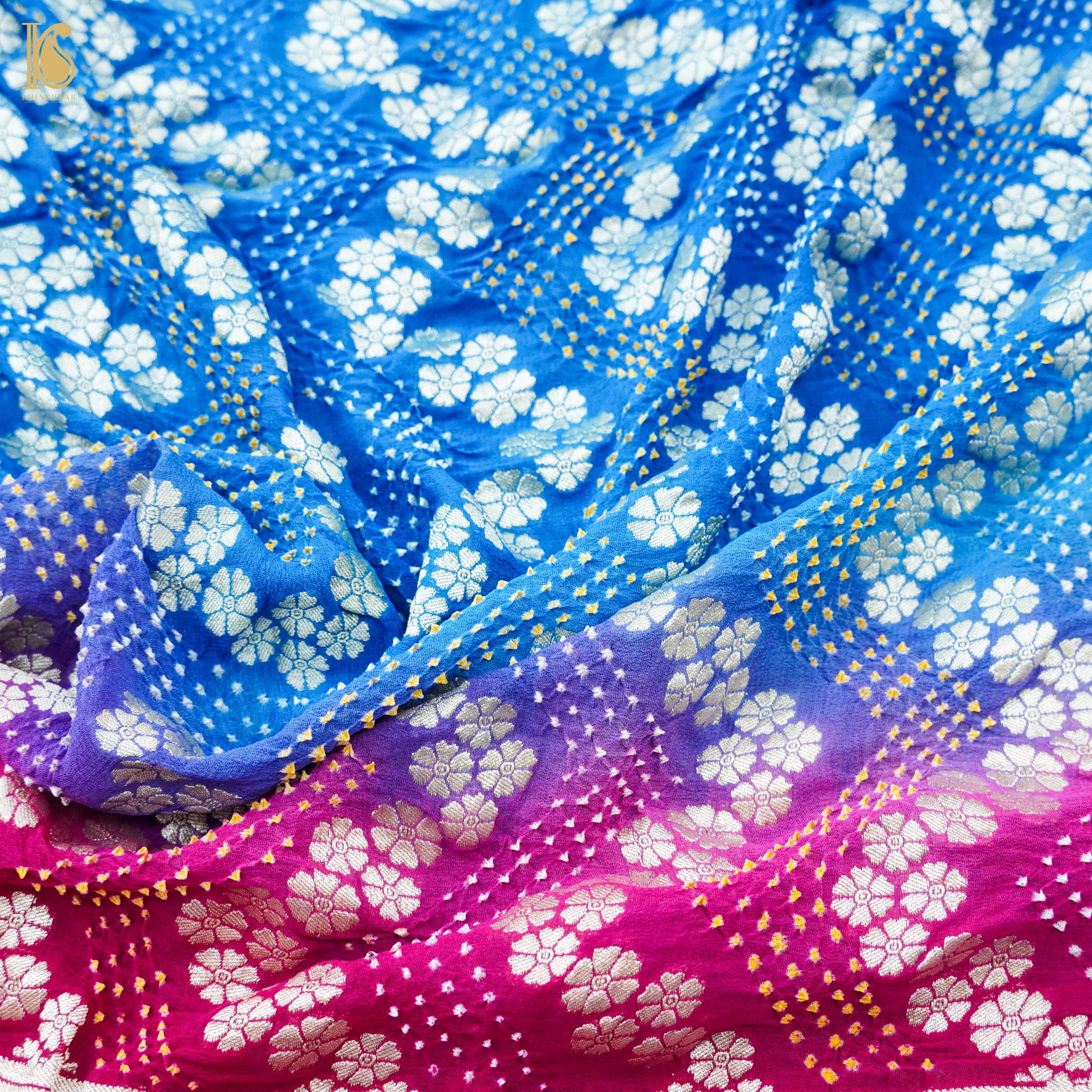 Blue & Red Pure Georgette Handloom Banarasi Bandhani Saree - Khinkhwab