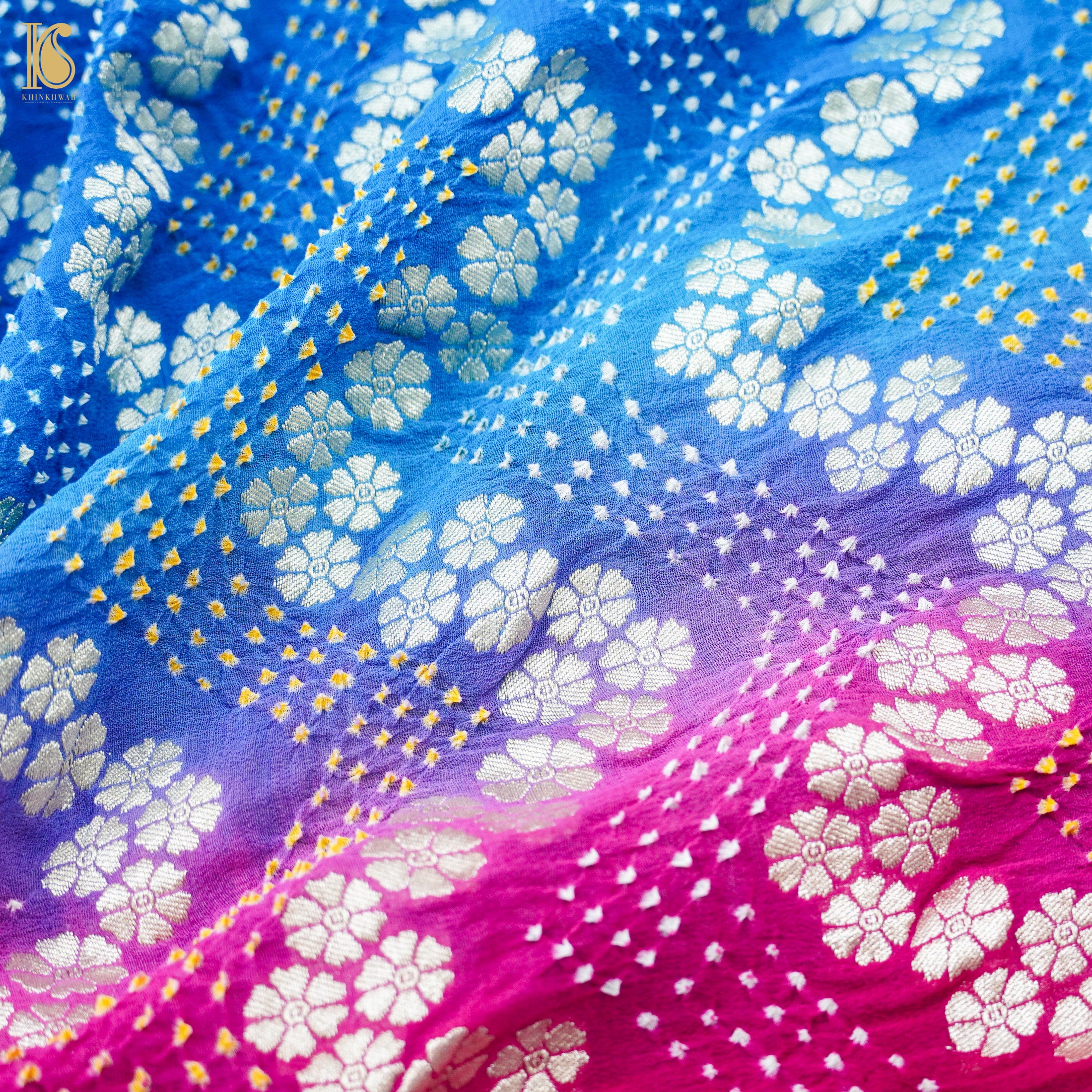 Blue & Red Pure Georgette Handloom Banarasi Bandhani Saree - Khinkhwab