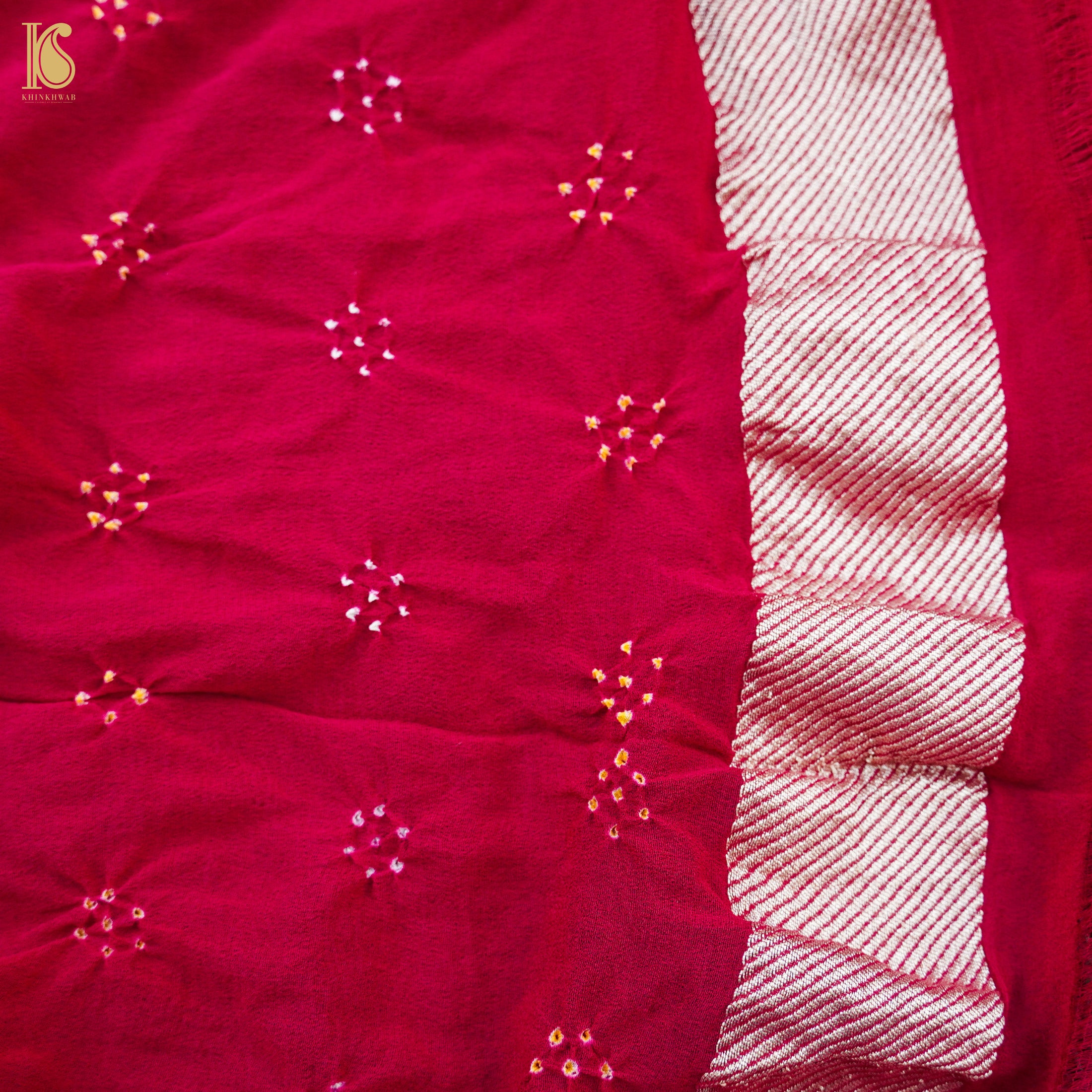 Blue & Red Pure Georgette Handloom Banarasi Bandhani Saree - Khinkhwab