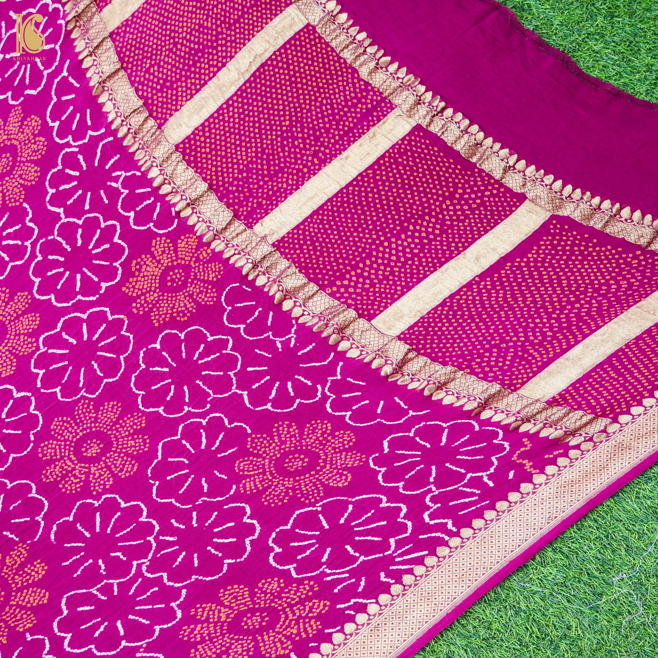 Jazzberry Jam Pure Georgette Handloom Banarasi Bandhani Saree - Khinkhwab