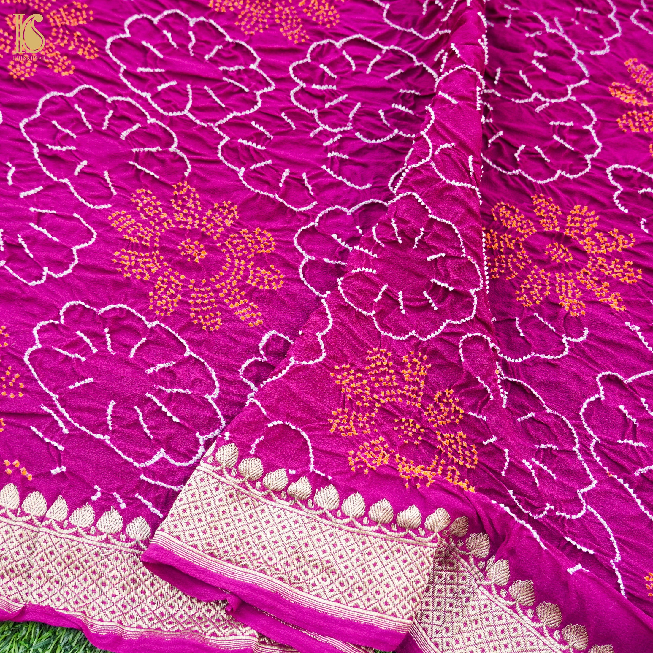 Jazzberry Jam Pure Georgette Handloom Banarasi Bandhani Saree - Khinkhwab