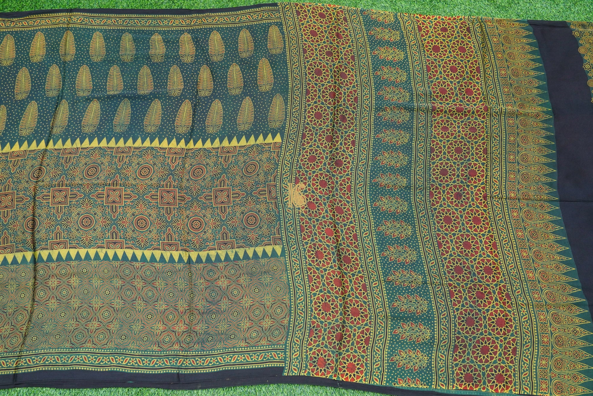 Teal Blue Hand Block Ajrakh Modal Silk Saree - Khinkhwab