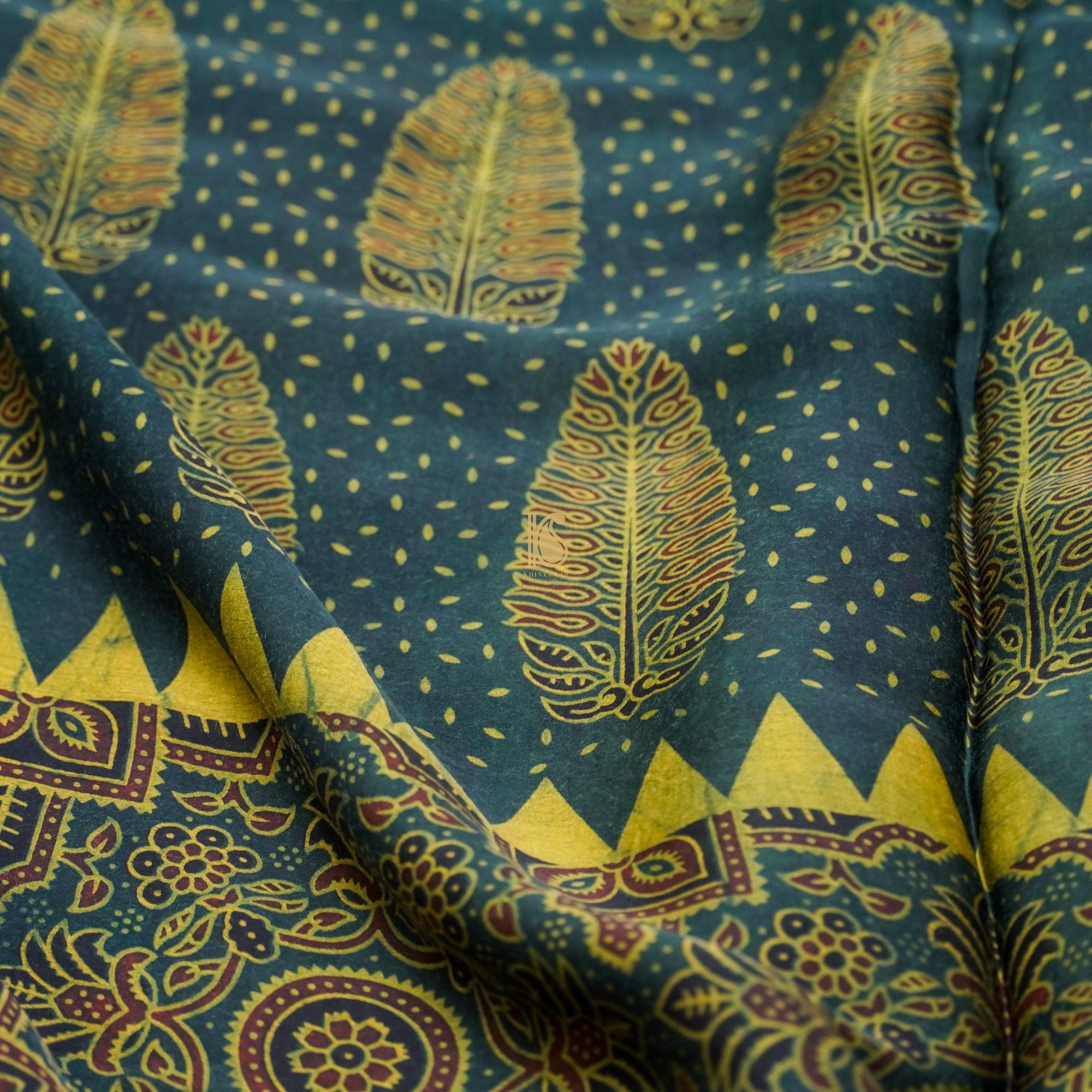 Teal Blue Hand Block Ajrakh Modal Silk Saree - Khinkhwab