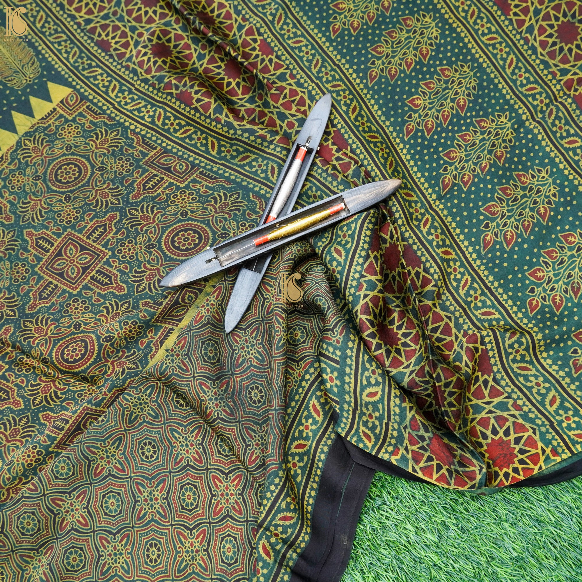 Teal Blue Hand Block Ajrakh Modal Silk Saree - Khinkhwab