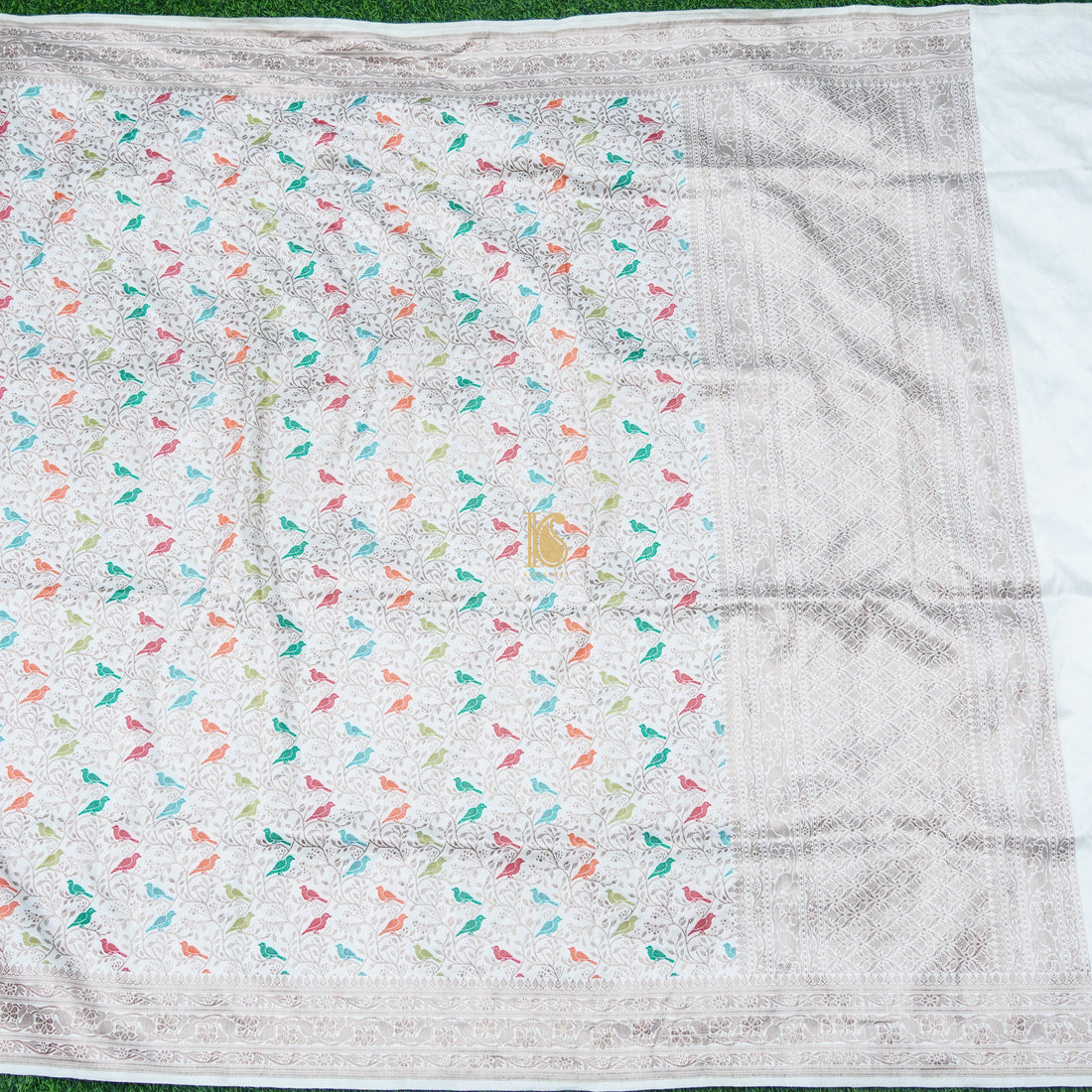 White Pure Katan Silk Handwoven Banarasi Jaal Bird Dupatta - Preorder - Khinkhwab