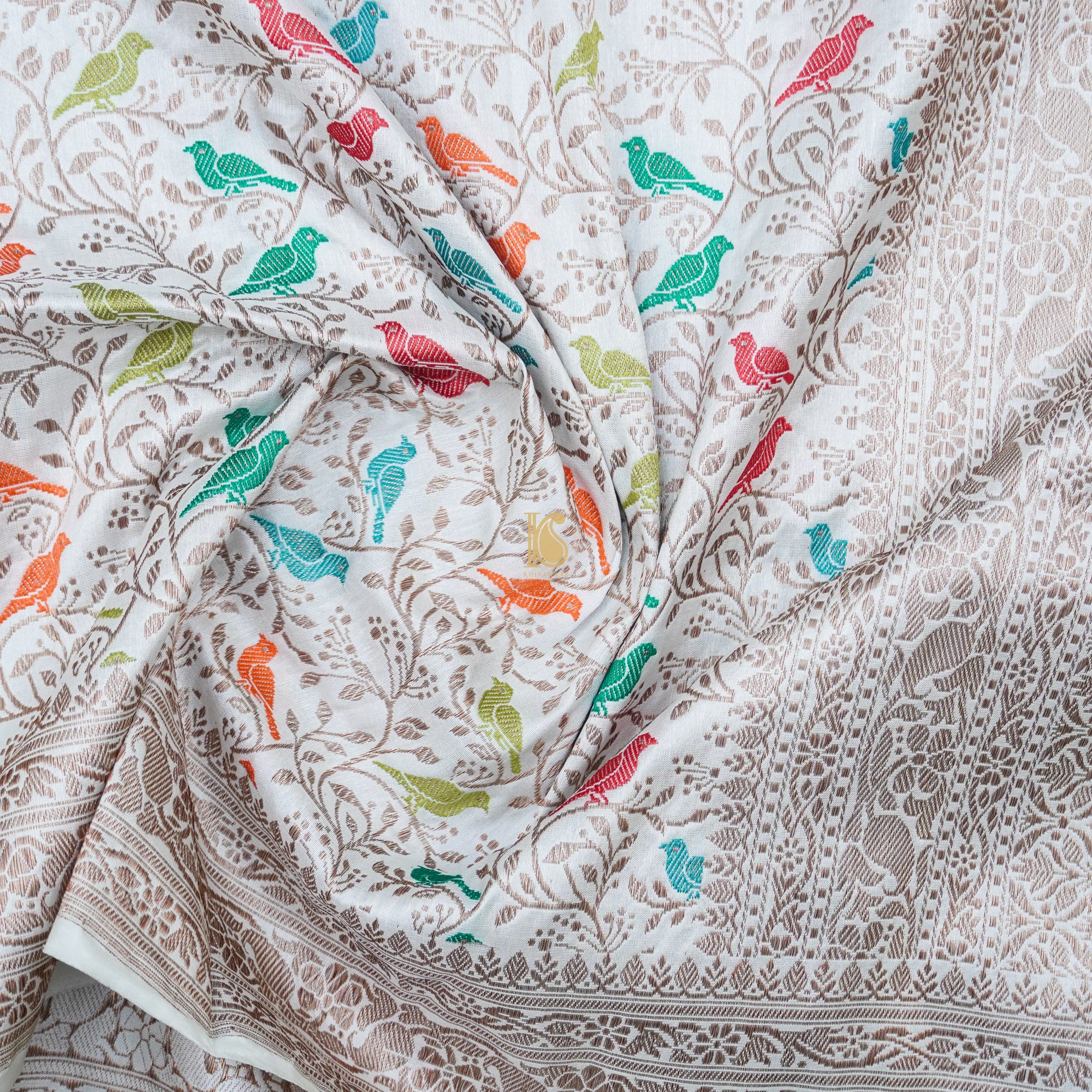 White Pure Katan Silk Handwoven Banarasi Jaal Bird Dupatta - Preorder - Khinkhwab