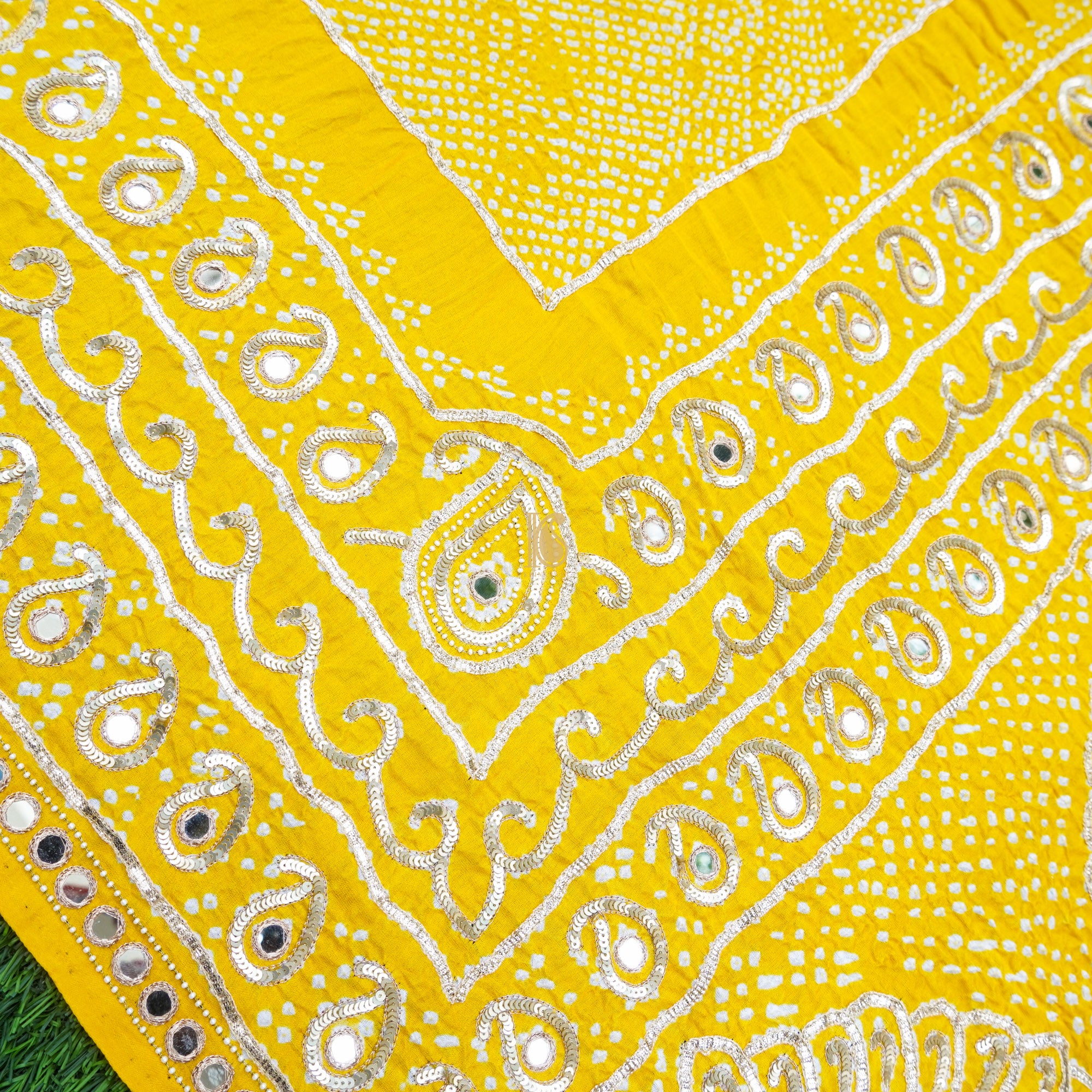 Golden Poppy Gajji Silk Bandhani Gotta Patti & Mirror Work Dupatta - Khinkhwab