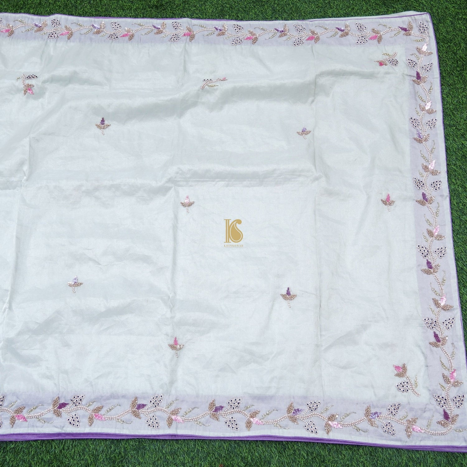Silver & Purple Pure Fine Tissue Silk Pearl Embroidery Saree - Khinkhwab