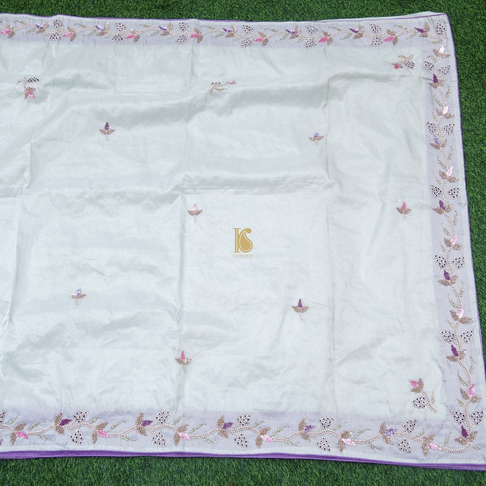 Silver & Purple Pure Fine Tissue Silk Pearl Embroidery Saree - Khinkhwab