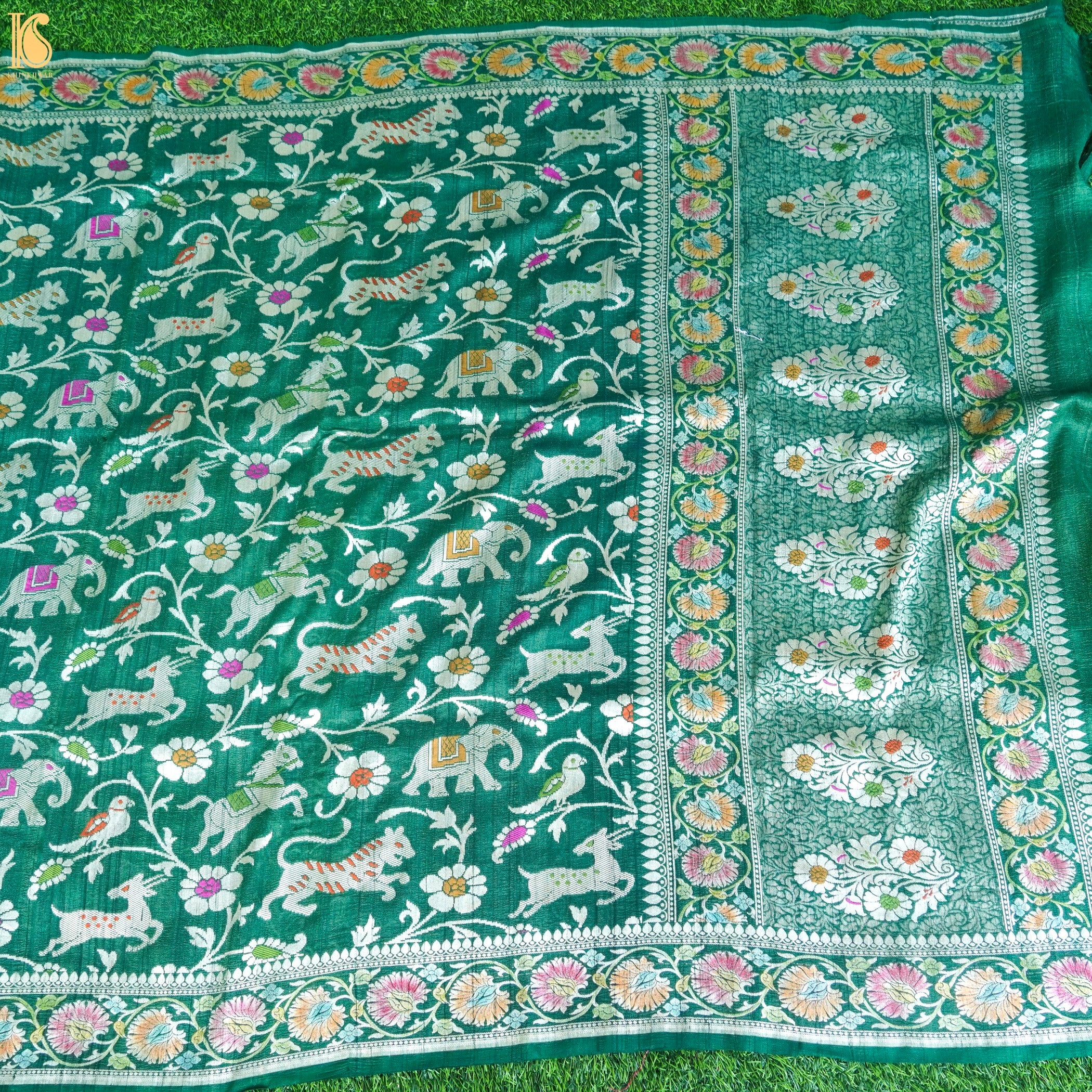 Preorder : Evening Sea Green Pure Tussar Silk Handloom Banarasi Shikargah Dupatta - Khinkhwab
