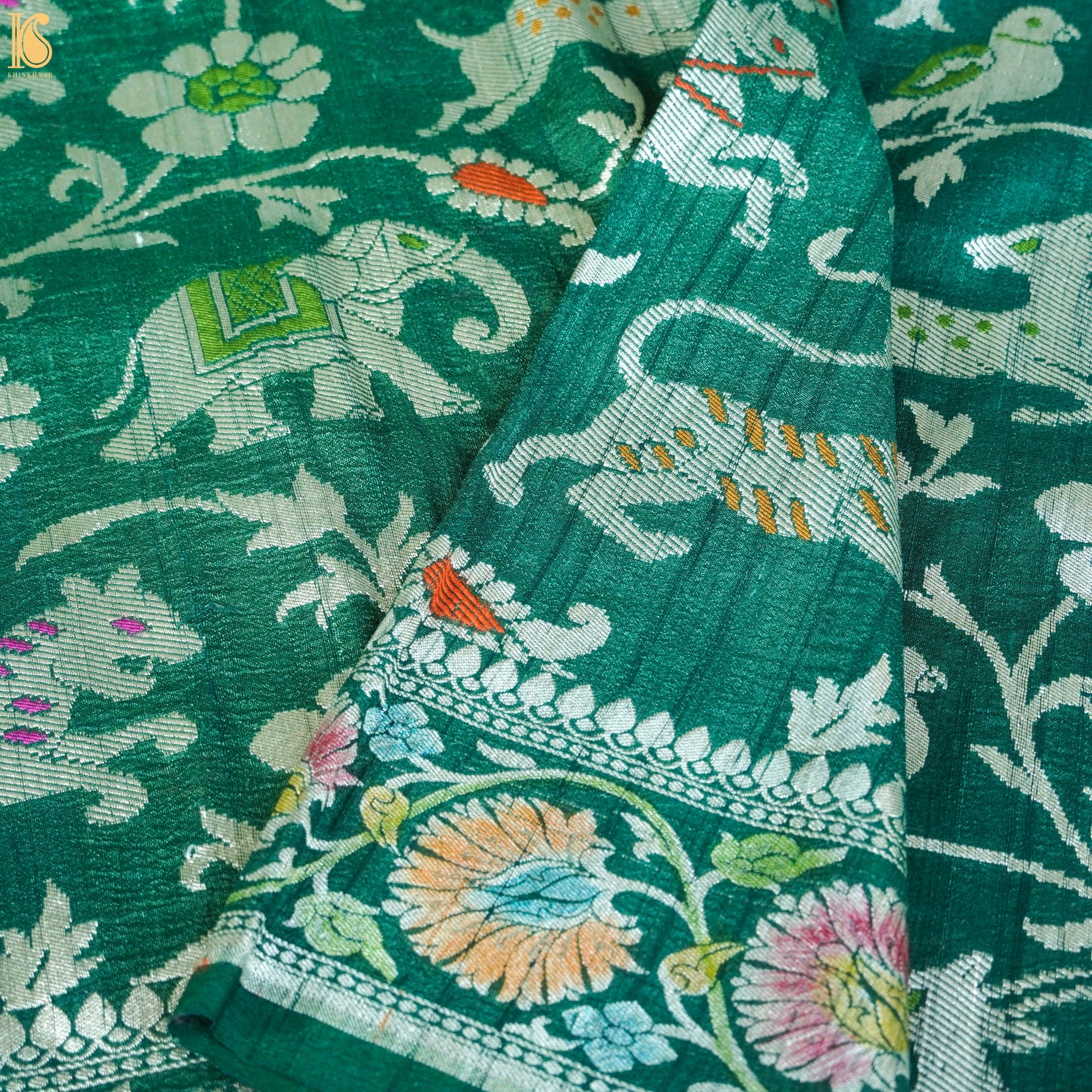 Preorder : Evening Sea Green Pure Tussar Silk Handloom Banarasi Shikargah Dupatta - Khinkhwab