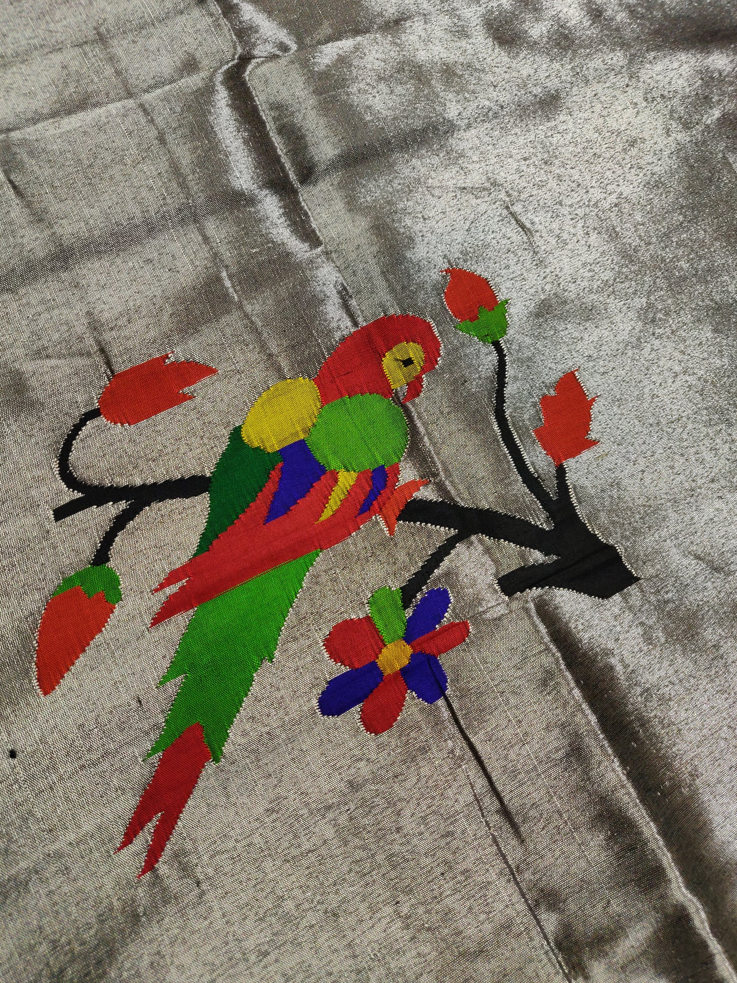 Silver Zari Pure Silk Handwoven Paithani Parrot Blouse Piece - Khinkhwab