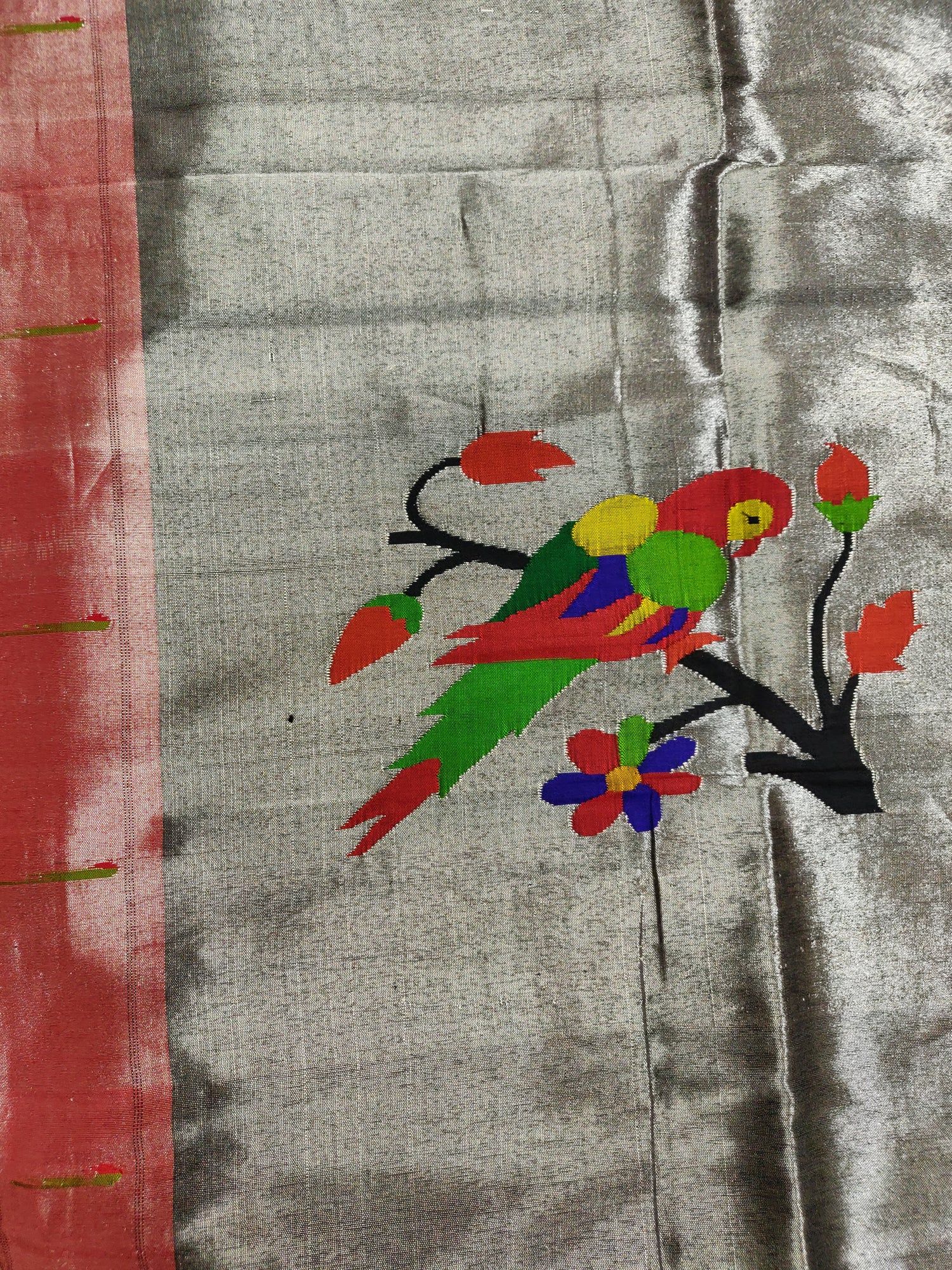 Silver Zari Pure Silk Handwoven Paithani Parrot Blouse Piece - Khinkhwab