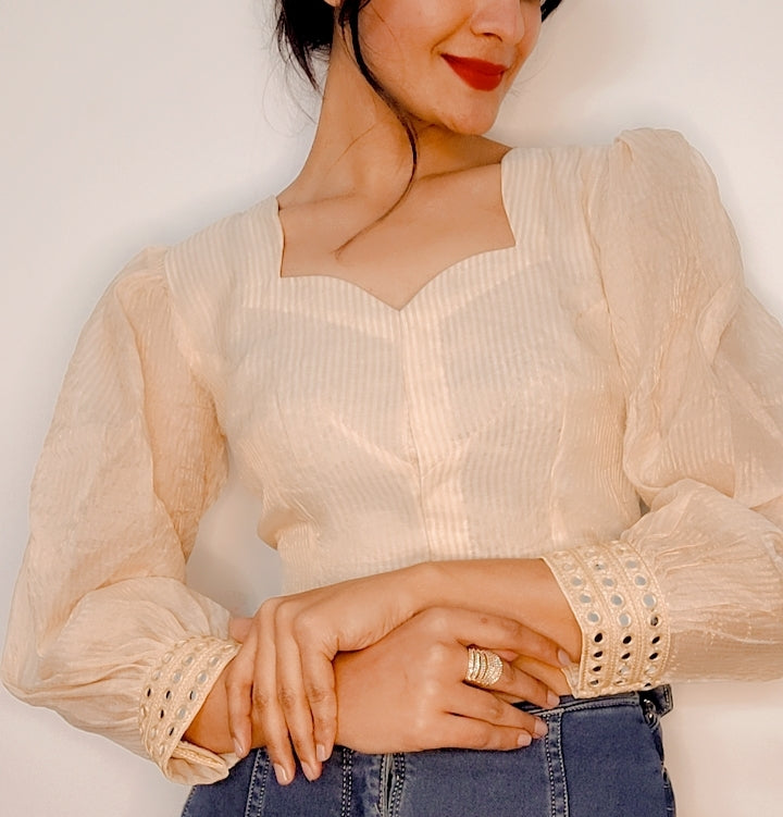 Pure Chanderi Silk Stitched Blouse with Mirror Sleeves - Khinkhwab