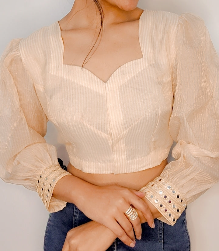 Pure Chanderi Silk Stitched Blouse with Mirror Sleeves - Khinkhwab