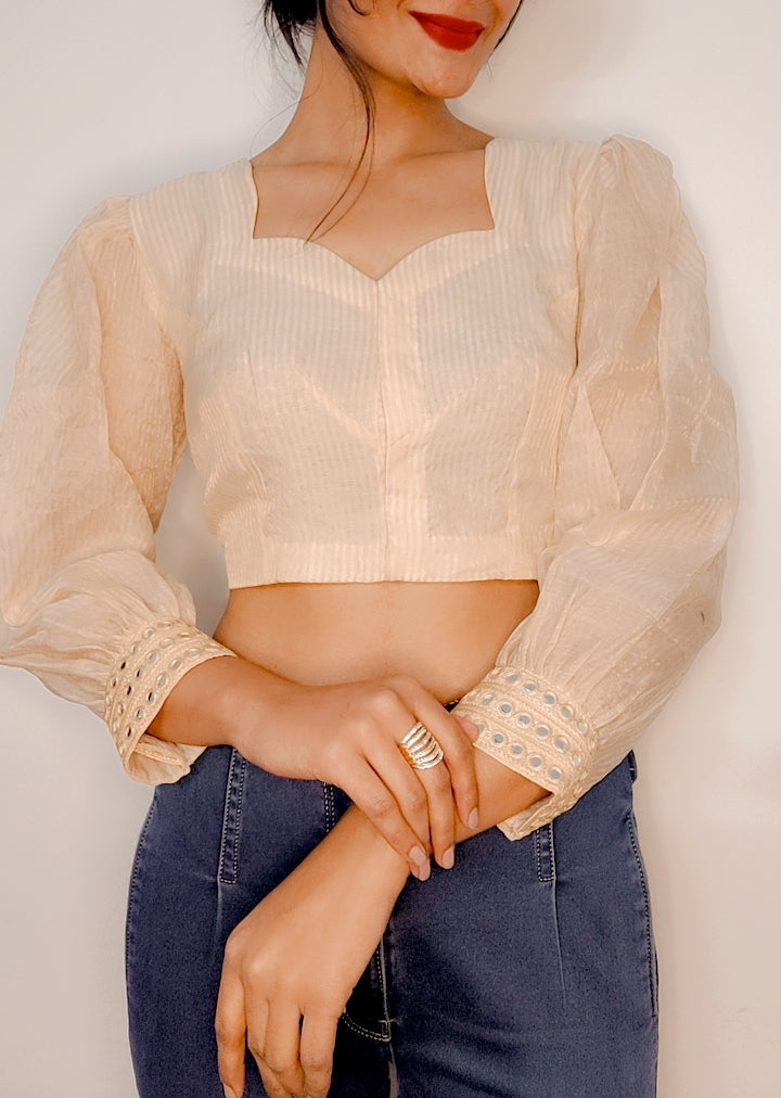 Pure Chanderi Silk Stitched Blouse with Mirror Sleeves - Khinkhwab