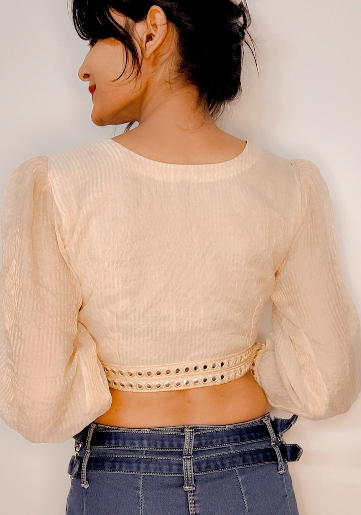 Pure Chanderi Silk Stitched Blouse with Mirror Sleeves - Khinkhwab