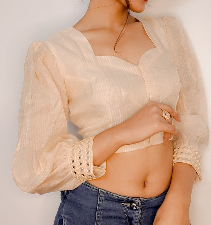 Pure Chanderi Silk Stitched Blouse with Mirror Sleeves - Khinkhwab