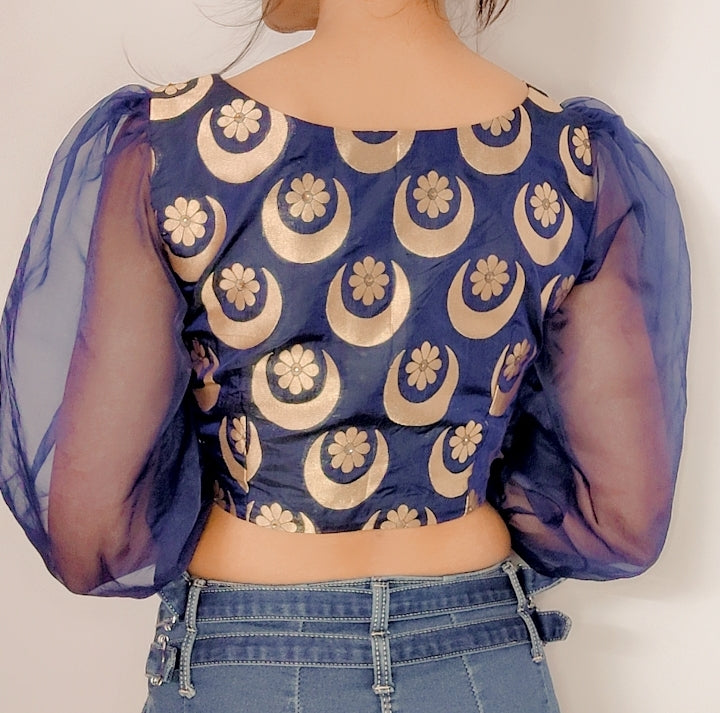 Blue Pure Banarasi Silk Stitched Blouse with Organza Sleeves - Khinkhwab