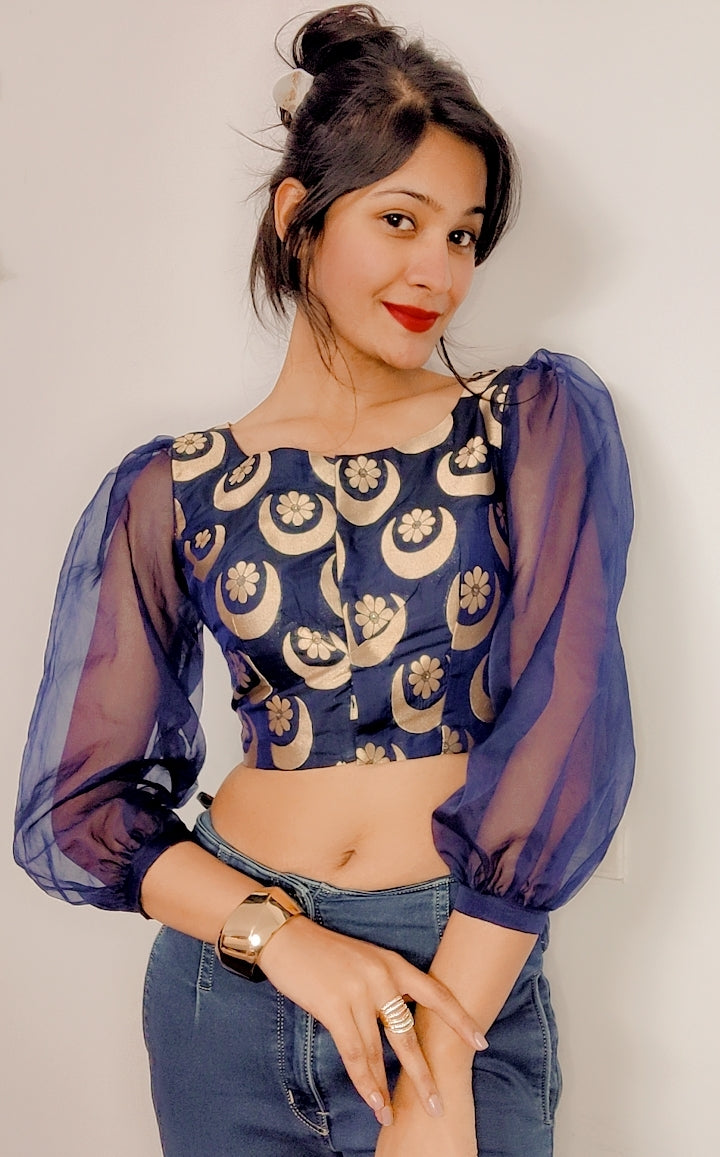 Blue Pure Banarasi Silk Stitched Blouse with Organza Sleeves - Khinkhwab