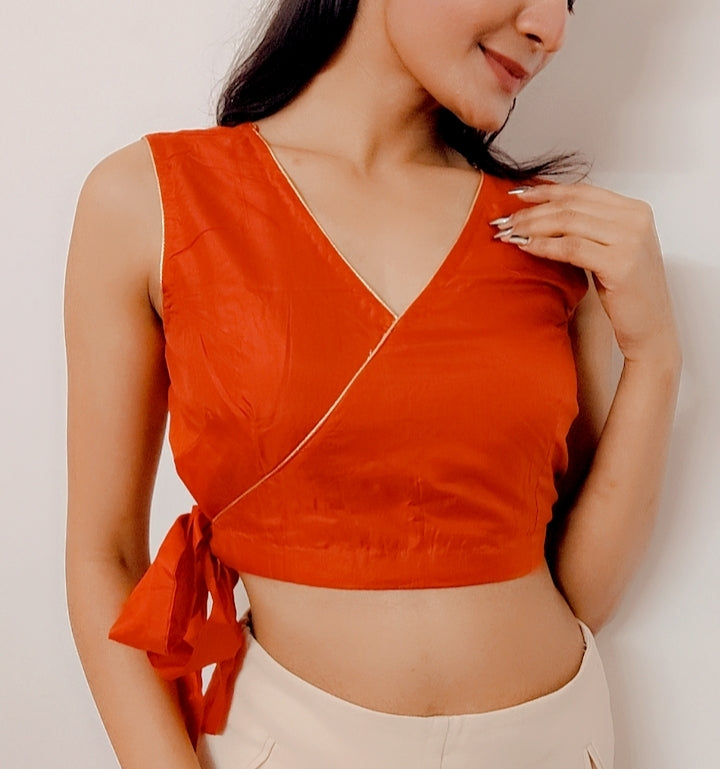Orange Pure Silk Stitched Sleeveless Blouse - Khinkhwab