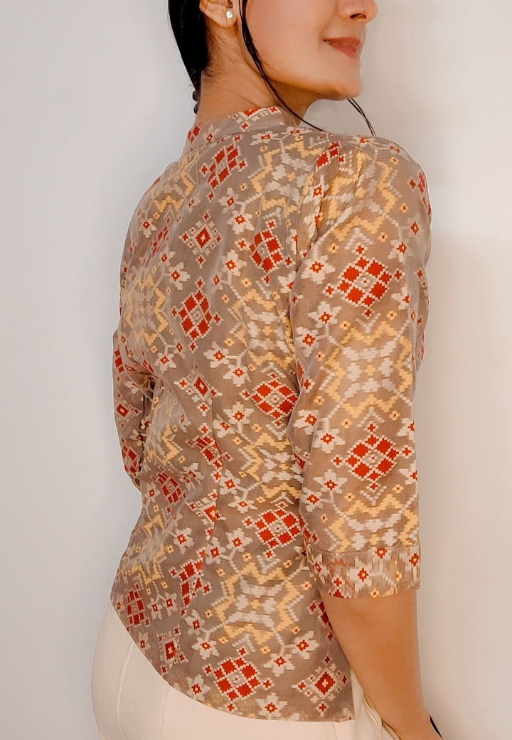 Brown Pure Moonga Silk Patola Print Stitched Jacket Blouse - Khinkhwab