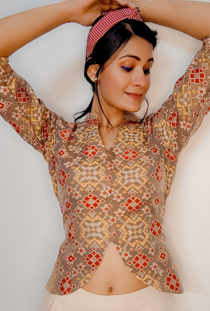 Brown Pure Moonga Silk Patola Print Stitched Jacket Blouse - Khinkhwab