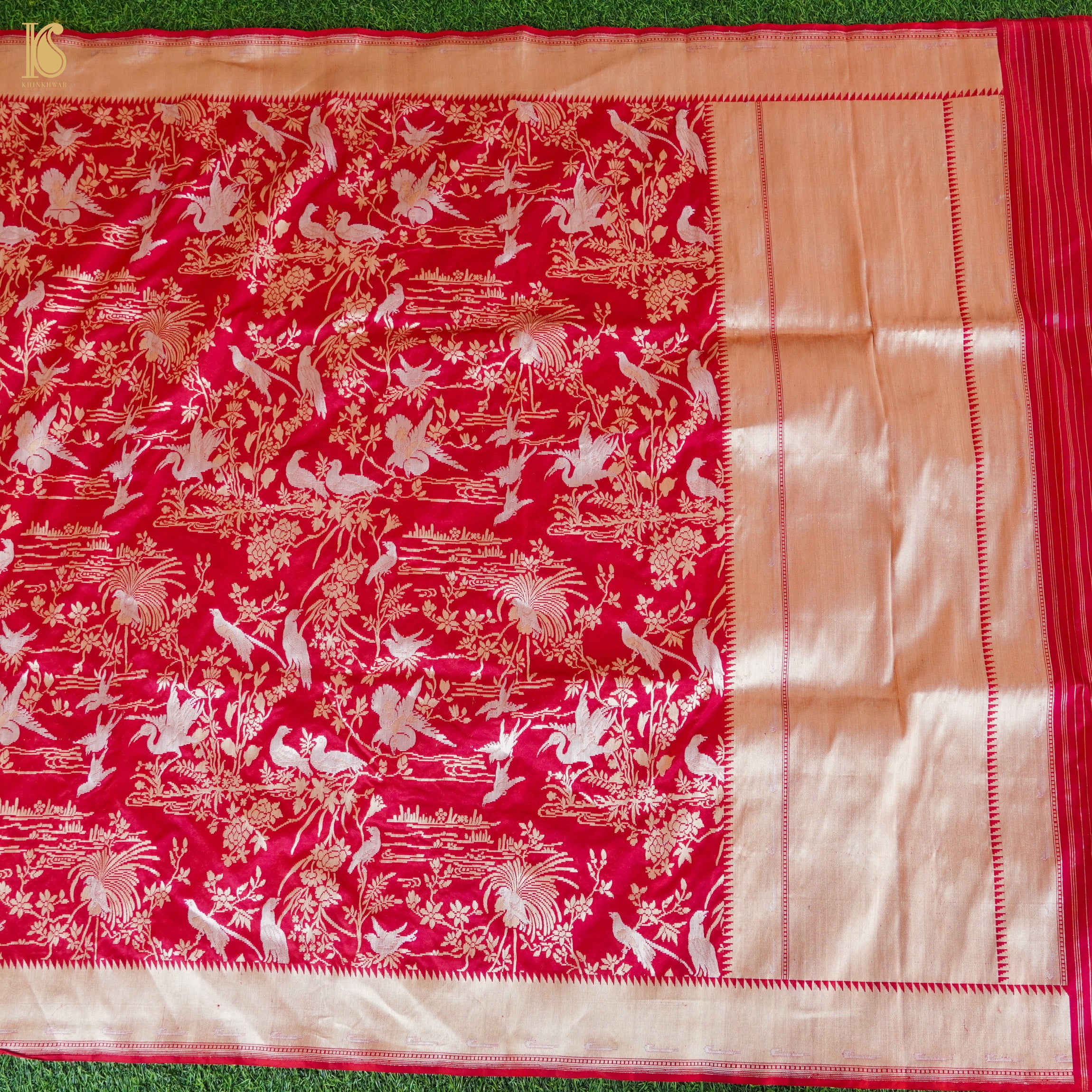 Crimson Red Pure Katan Silk Handwoven Banarasi Shikargah Dupatta - Khinkhwab